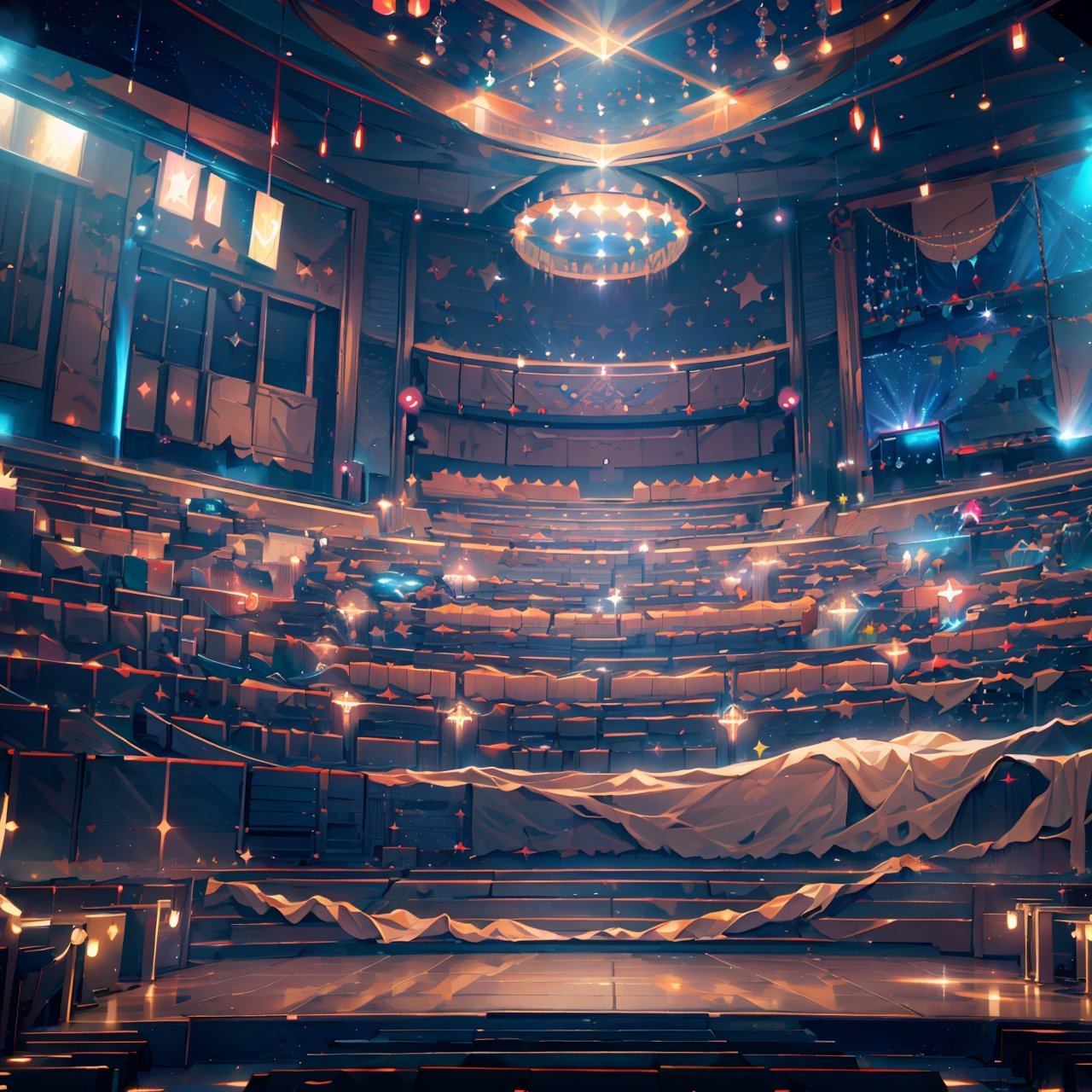 Frontal side, finely detail, Depth of field, (((masterpiece))), ((extremely detailed CG unity 8k wallpaper)), intricate detail, (best illumination, best shadow), (((magic around))), ((auditorium)), (((firmament with stars and lights in the sky))),
