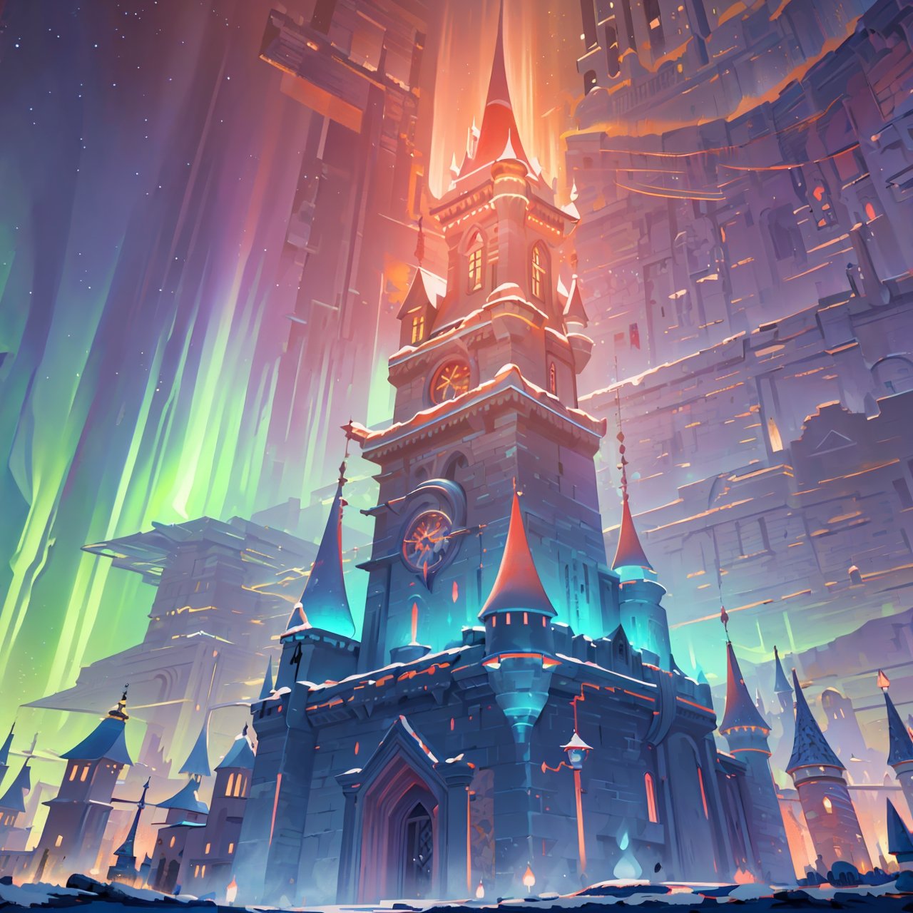 Frontal side, finely detail, Depth of field, (((masterpiece))), ((extremely detailed CG unity 8k wallpaper)), intricate detail, (best illumination, best shadow), (((magic around))), ((castle tower with the sky in the background, a tower that rises towards the night like the northern lights, reddish like itself, embraces justice)), ((aurora themed))
