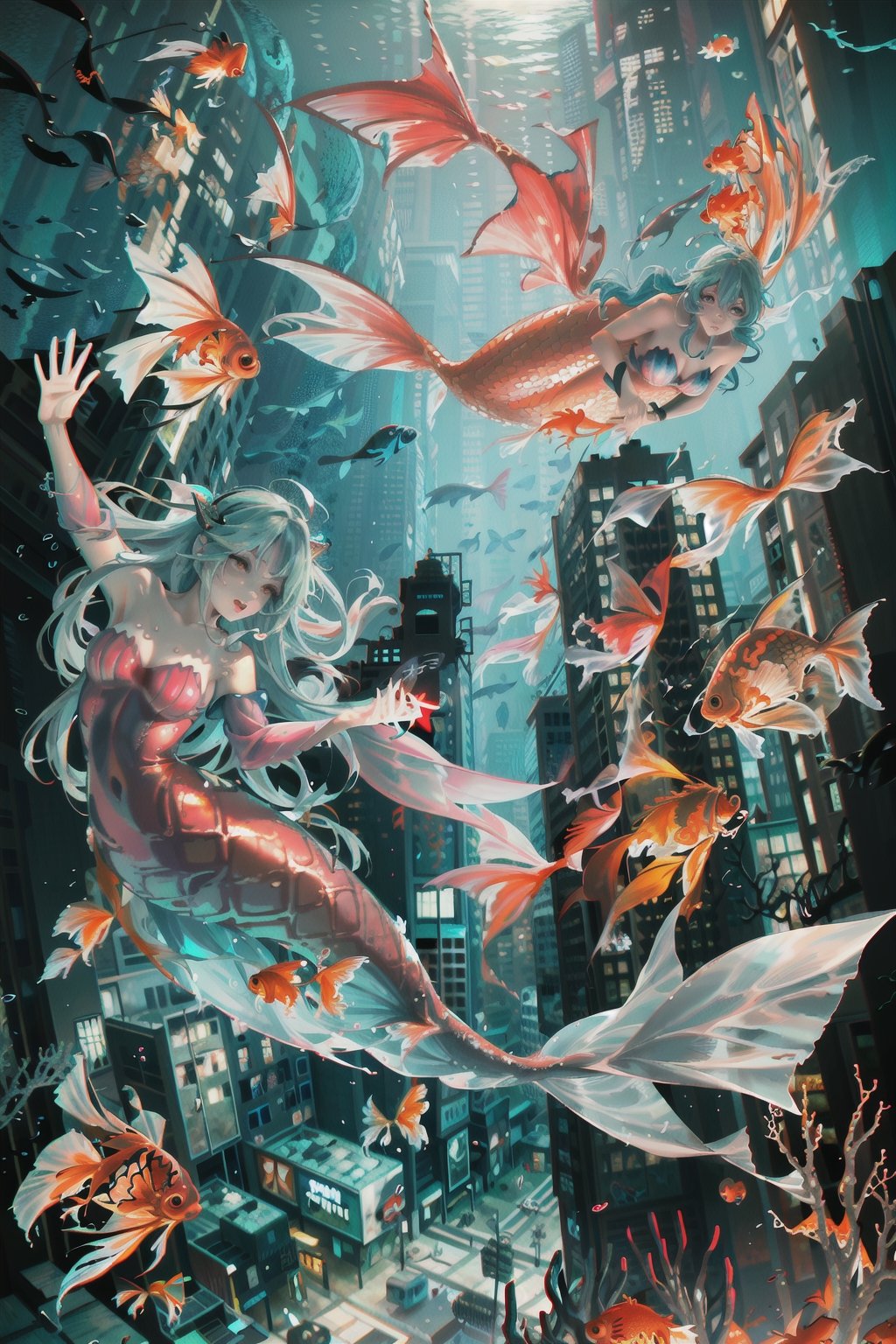 (((characters))), masterpiece, best quality, highres, perfect hand, perfect fingers, intense color ,nodf_loras, ((mermaid)), coral, coraline, (((city under sea))), mermaid city, (((goldfish))), breast, thighs up, ,hmnl