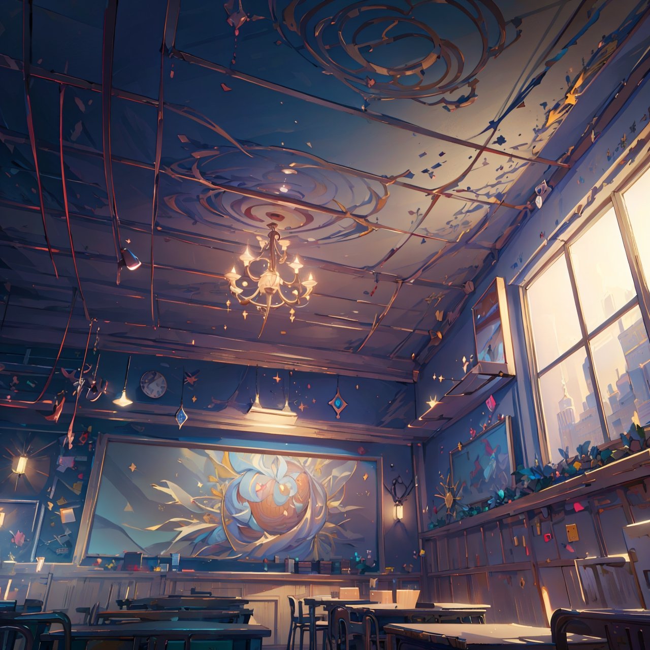 Frontal side, finely detail, Depth of field, (((masterpiece))), ((extremely detailed CG unity 8k wallpaper)), intricate detail, (best illumination, best shadow, (((magic around))), ((classroom)), (((ceiling with stars))), 
