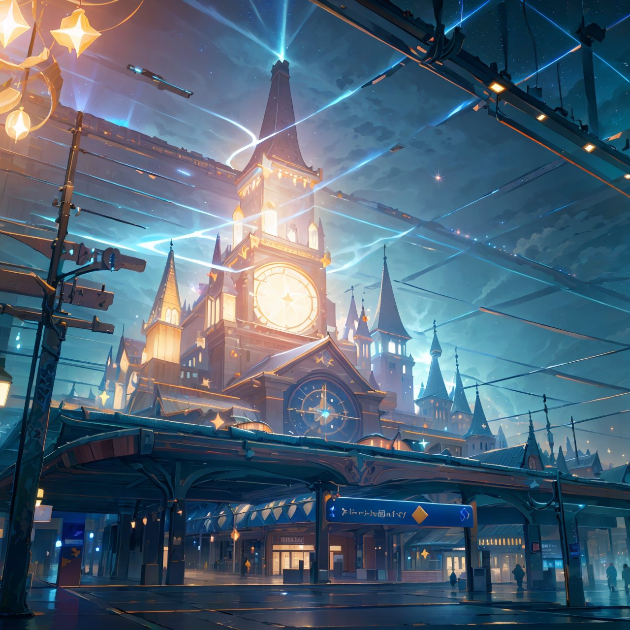 Frontal side, finely detail, Depth of field, (((masterpiece))), ((extremely detailed CG unity 8k wallpaper)), intricate detail, (best illumination, best shadow), (((magic around))), (( train station)), (((firmament with stars and lights in the sky))),
