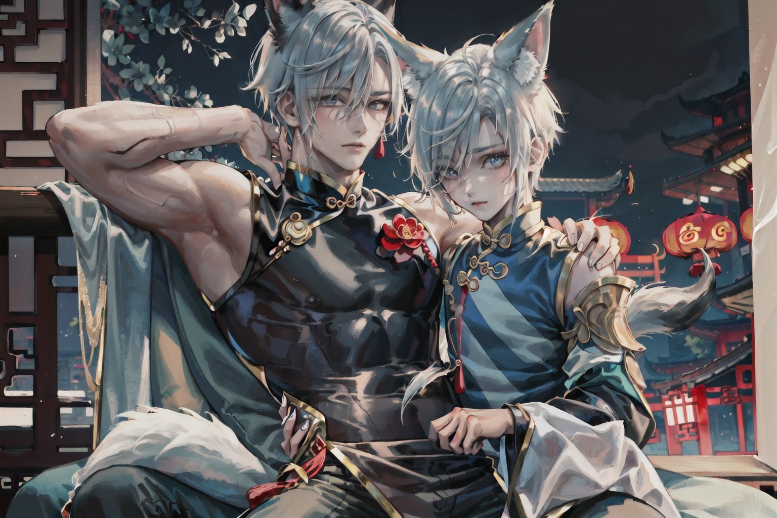 (((male character))), skirt cut side, masterpiece, best quality, highres, perfect hand, perfect fingers, city, (((1boy))),  intense colors, simple background, ((chinese clothes)), (((night)),  kinky face, fox ears, head to thighs, long hair, shenhe_genshin,1boy, fox tail, 