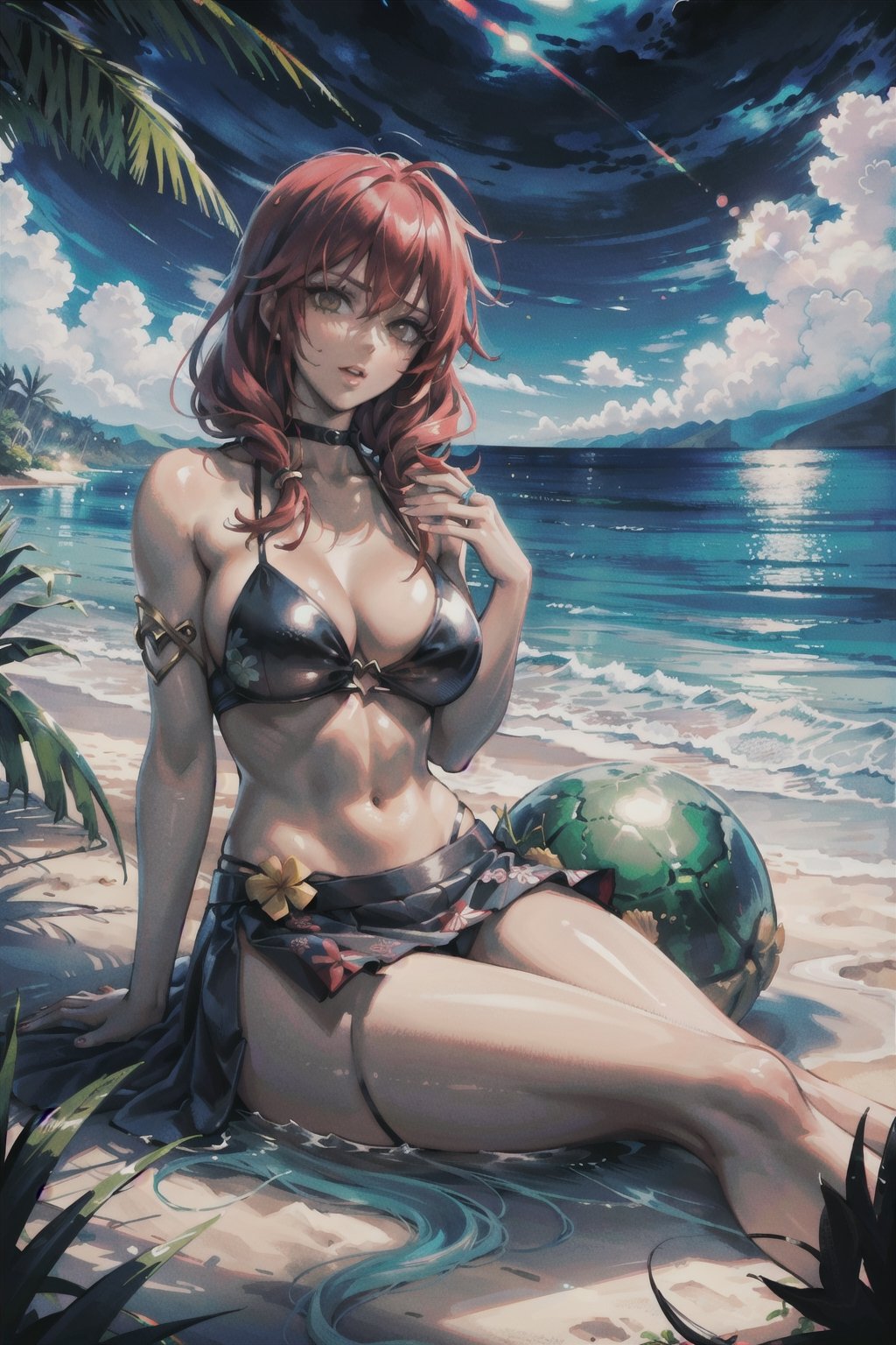 (((female characters))), masterpiece, best quality, highres, perfect hand, perfect fingers, intense color ,nodf_loras, ((hawaii, paradise island)), 
palm trees, coconuts, dark-skinned, turtles, giant crabs, hawaiian skirt, coconut bra, 