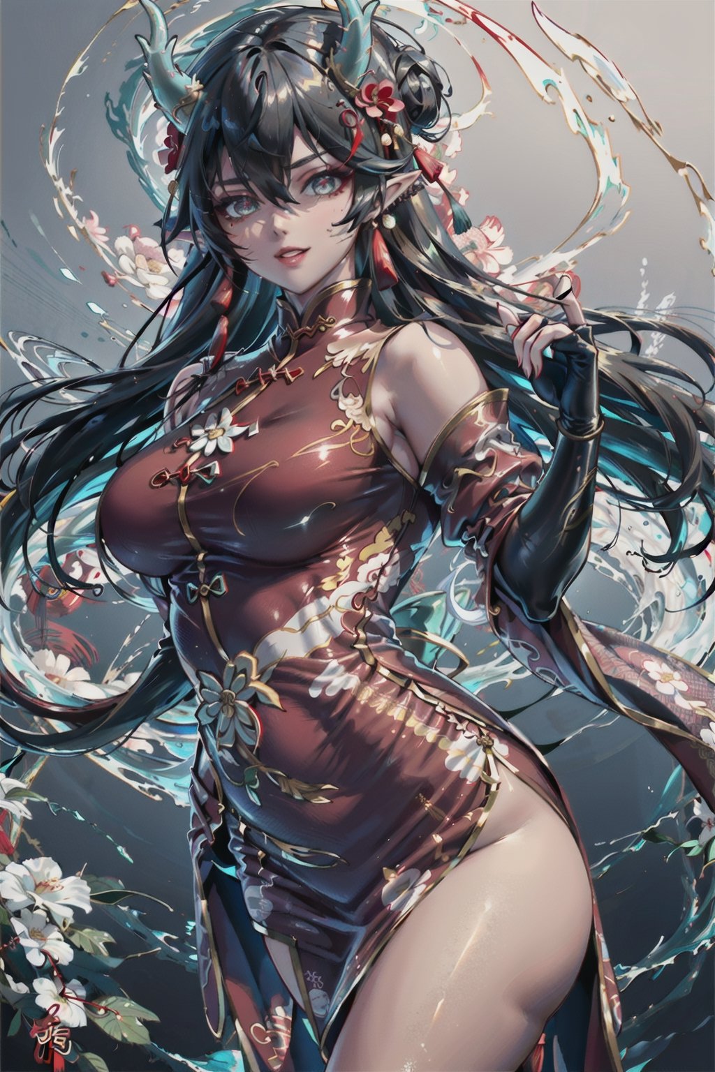 masterpiece, best quality, highres, perfect hand, perfect fingers, intense colors, long and thin horns like a Chinese dragon that grow from the front of the head, dragon tail, (((female character))), (boobs), slighty chubby,  intense_colors, symmetrical eyes, chinese dragon horns, dragon tail, long horns, gold ornaments, Half-closed eyelids, dynamic pose, (defined drawing, outlined, clear lines), symmetrical body, thighs up, messy bun hair, symmetrical boobs, smile, elegant,  (((chinese red qipao dress))), 