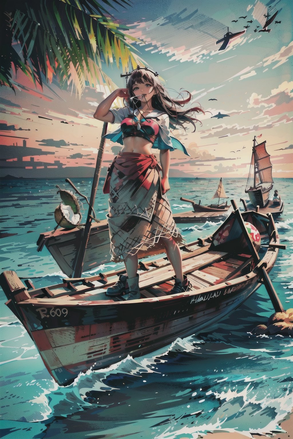 (((characters))), masterpiece, best quality, highres, perfect hand, perfect fingers, intense color ,nodf_loras, ((hawaii, paradise island)), 
palm trees, coconuts, dark skin, ((turtles)), giant crabs, ((hawaiian skirt, coconut bra, straw skirt)), (((rustic sailboat))), (lora:681141621124806172:1.0), 
fishing net, thatched hut, (lora:681140998354543396:1.0), 