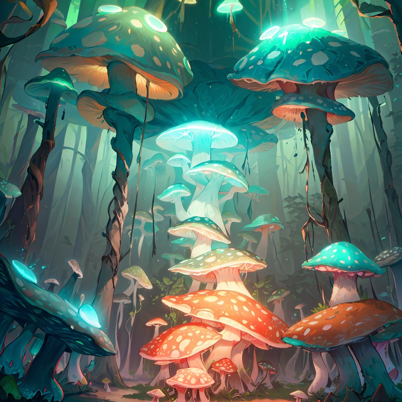 Frontal side, finely detail, Depth of field, (((masterpiece))), ((extremely detailed CG unity 8k wallpaper)), intricate detail, (best illumination, best shadow), (((contamination))), (((fungi forest))), (((giant fungi, such as sporangia, conidiophores and films, reach enormous dimensions. They intertwine in a canopy that releases spores and emits faint bioluminescence at night, providing a surreal appearance. These fungal life forms have complex symbiotic interactions and, although visually impressive, are also dangerous, releasing toxic spores and contributing to the overall toxicity of the region.))
