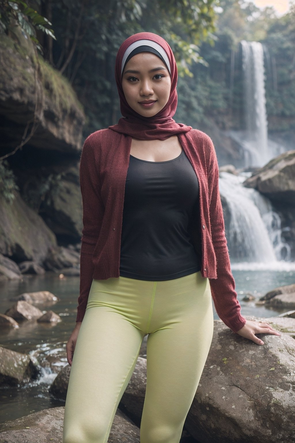  best_quality, masterpiece, (photorealistic:1.4),indonesian woman,hijab,wearing camisole,open cardigan, green yellow red blue lycra leggings, at the waterfall side, detailed,and hyperrealistic. The portrait reflects a photo-realistic quality and an expressive pose, smiling,full body, shooting from dslr,better_hands