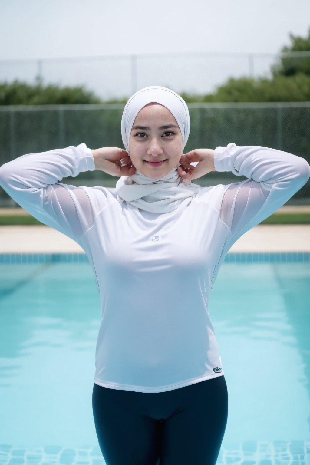  hyper realistic photo, best_quality, masterpiece, (photorealistic:1.4),hijab woman ,indonesian woman,hijab,leggings,tight long tshirt,in the swimming pool, detailed,and hyperrealistic. The portrait reflects a photo-realistic quality and an expressive pose,full body, shooting from dslr,better_hands,standing pose,Color Booster,4k,hd,full colour,realistic, from beside,Detailedface,photorealistic,