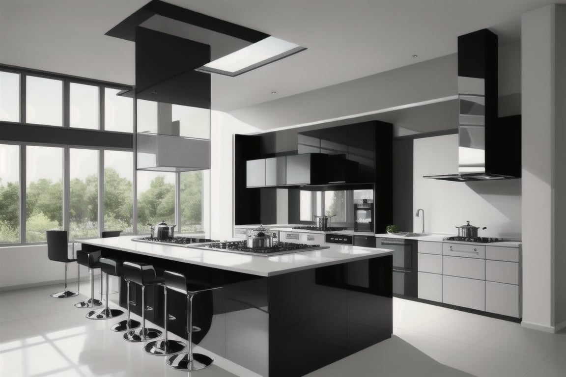 Kitchen with elegant architecture and cool nuances pleasing to the eye,Realism