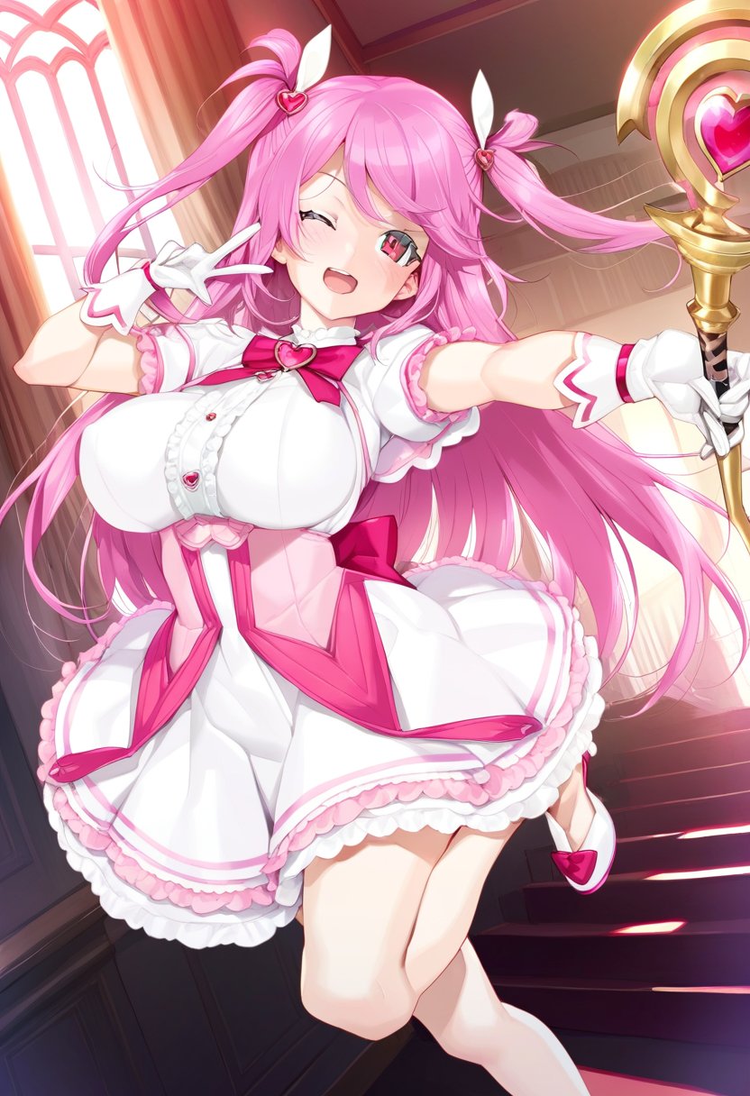 by happoubi jin, masterpiece, best quality, 1girl, magical girl, pink hair, long hair, red eyes, two side up, cute, large breasts, brooch, white gloves, short sleeves, white dress, pink dress, open mouth, one-eye closed, frills, frilled dress, virtual youtuber, hair ornaments, magic staff, indoors, standing on one leg, holding staff, heart