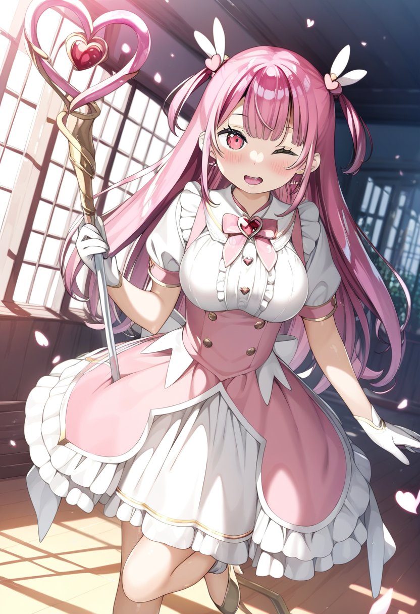 by kantoku,masterpiece, best quality, 1girl, magical girl, pink hair, long hair, red eyes, two side up, cute, large breasts, brooch, white gloves, short sleeves, white dress, pink dress, open mouth, one-eye closed, frills, frilled dress, virtual youtuber, hair ornaments, magic staff, indoors, standing on one leg, holding staff, heart