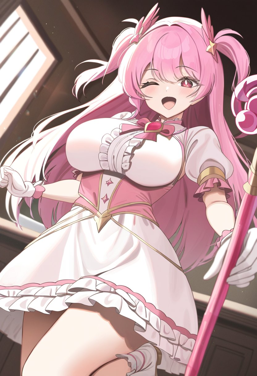 by twin \(tt lsh\), masterpiece, best quality, 1girl, magical girl, pink hair, long hair, red eyes, two side up, cute, large breasts, brooch, white gloves, short sleeves, white dress, pink dress, open mouth, one-eye closed, frills, frilled dress, virtual youtuber, hair ornaments, magic staff, indoors, standing on one leg, holding staff, heart