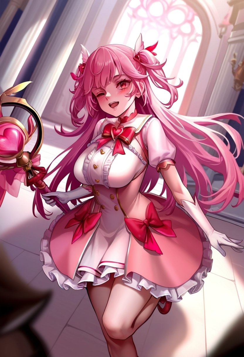 by as109, masterpiece, best quality, 1girl, magical girl, pink hair, long hair, red eyes, two side up, cute, large breasts, brooch, white gloves, short sleeves, white dress, pink dress, open mouth, one-eye closed, frills, frilled dress, virtual youtuber, hair ornaments, magic staff, indoors, standing on one leg, holding staff, heart