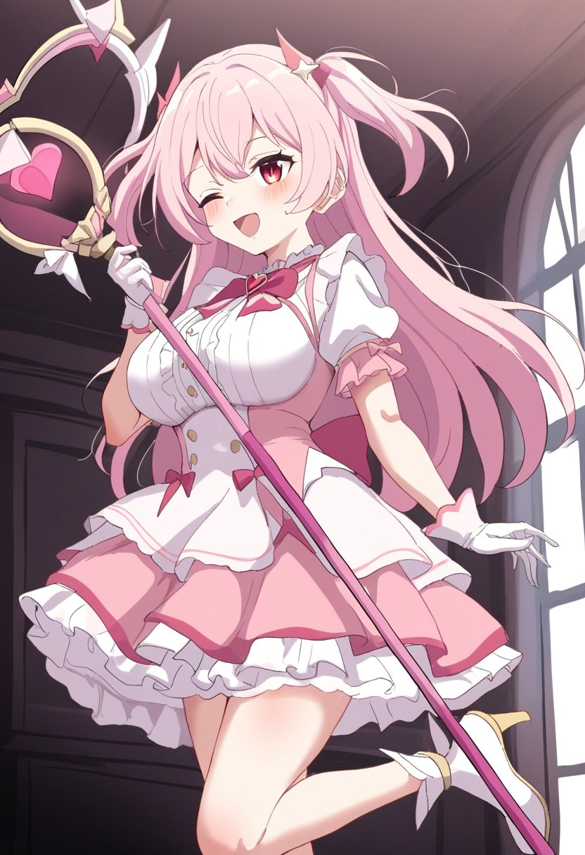 by sincos, masterpiece, best quality, 1girl, magical girl, pink hair, long hair, red eyes, two side up, cute, large breasts, brooch, white gloves, short sleeves, white dress, pink dress, open mouth, one-eye closed, frills, frilled dress, virtual youtuber, hair ornaments, magic staff, indoors, standing on one leg, holding staff, heart