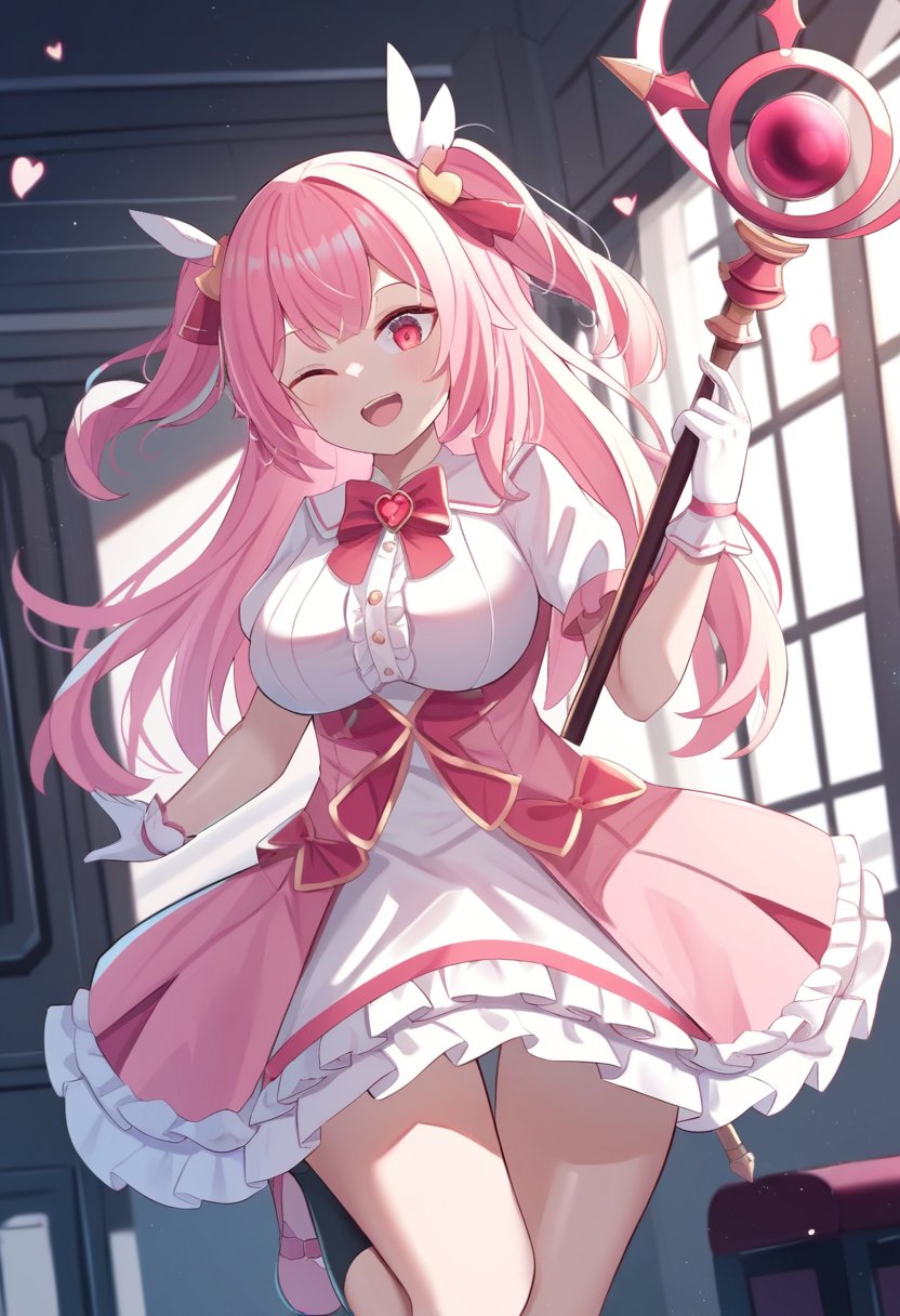 by mirufuaa, masterpiece, best quality, 1girl, magical girl, pink hair, long hair, red eyes, two side up, cute, large breasts, brooch, white gloves, short sleeves, white dress, pink dress, open mouth, one-eye closed, frills, frilled dress, virtual youtuber, hair ornaments, magic staff, indoors, standing on one leg, holding staff, heart