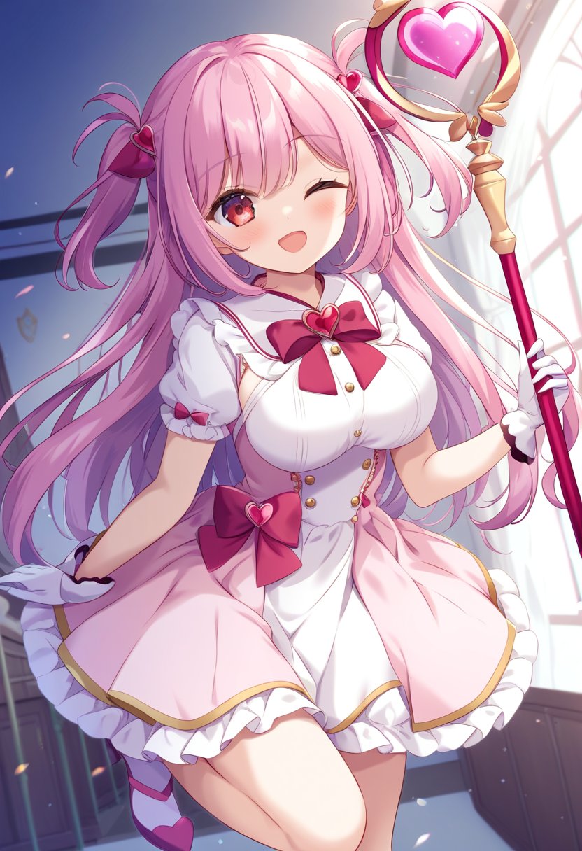 by ameto yuki, masterpiece, best quality, 1girl, magical girl, pink hair, long hair, red eyes, two side up, cute, large breasts, brooch, white gloves, short sleeves, white dress, pink dress, open mouth, one-eye closed, frills, frilled dress, virtual youtuber, hair ornaments, magic staff, indoors, standing on one leg, holding staff, heart