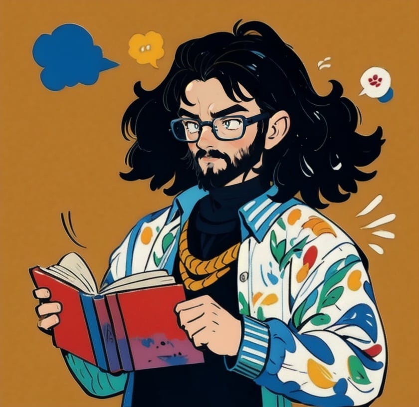 Oil Painting, flat design, solo, 1boy, male focus, flat color, book,  glasses, black hair, no lineart,  long sleeves, holding, Light gray shirt, short hair, upper body ,cartoon