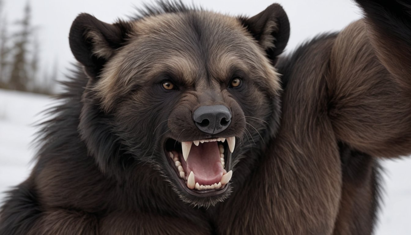  Solo male wolverine, slight open mouth, ears are small and close to the head. black brow, black nosebridge, black snout, black face, black rostrrum, black wihskerpad, 