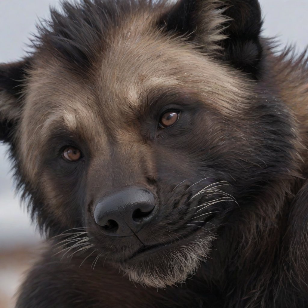  Solo male anthro wolverine, (His ears are small and positioned low and close to the side of his head:1.4).  (Fully black face, fully black snout), (large brown eyes:1.1), 