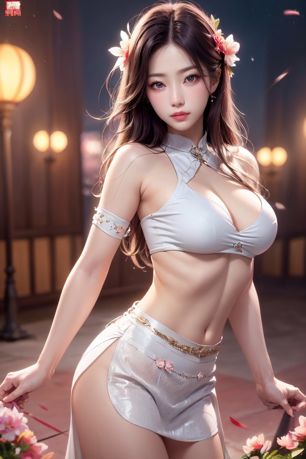 (best quality, realistic:1.2), ultra-detailed, professional, vivid colors, portrait, beautiful detailed eyes, beautiful detailed lips, long eyelashes, flowing white hair, seductive pose, purple glowing eyes, fashionable crop top, flowing skirt, soft parted lips, natural blush, night scene, blooming flowers, warm sunlight,girl,Sexy Big Breast,z1l4,Korean,4rmorbre4k,MarvelBlackCat,Young beauty spirit ,kwon-nara,little_cute_girl