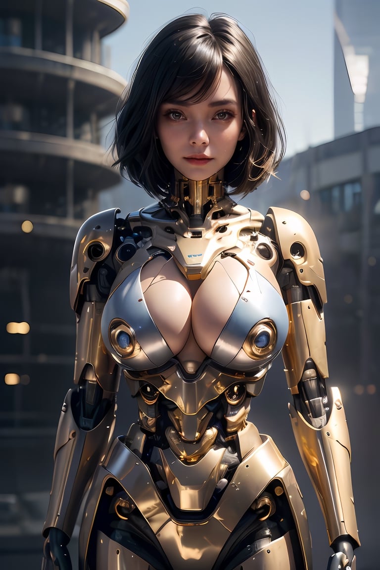 (Ultra-shiny gold and silver cyborg body covering the body:1.5), bob cut,powerful light on the chest,Young Sensual Gravure Idol, teats, (huge tit:1.6), cyberpunked,  Golden ratio ratio, face perfect, a Pretty face, The face of a young actress in Japan, (black hair:1.6), Tied waist, Colossal tits, perfect foot, perfect hand, Clean facial skin, perfect fingers, bob cut, Smiled face, A futuristic, depth of fields, reflective light, retinas, awardwinning, hight resolution, (Blue light on both wrist:1.4), Lights are shining all over the body, High detailed, parted lips, mecha, asian girl, 1girl, solo, beauty face, perfect face, mecha, full cyborg body,  reflection light, 8K, Anatomically correct, Textured skin, high details, High quality, 8k, UHD, masterpiece, ccurate, super detail, high details, high quality,Cyborg suit,highres,mecha,1girl,solo,breasts,cyberpunk,mature