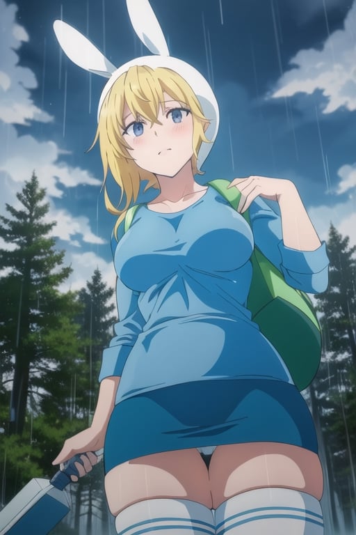 forest, night, clouds, rain, Fionna, thighhighs, blue shirt, skirt, rabbit hood, bag, big breasts, thick thighs, gray sky, water,