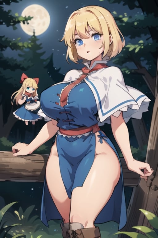 alice margatroid,shanghai doll,1girl,blonde hair, blue eyes, capelet, boots,dress,sash, bow, hair bow, short hair, cross-laced footwear, blue dress, lace-up boots,
Huge breasts, curvy, thick thighs, forest, night, moon, stars,