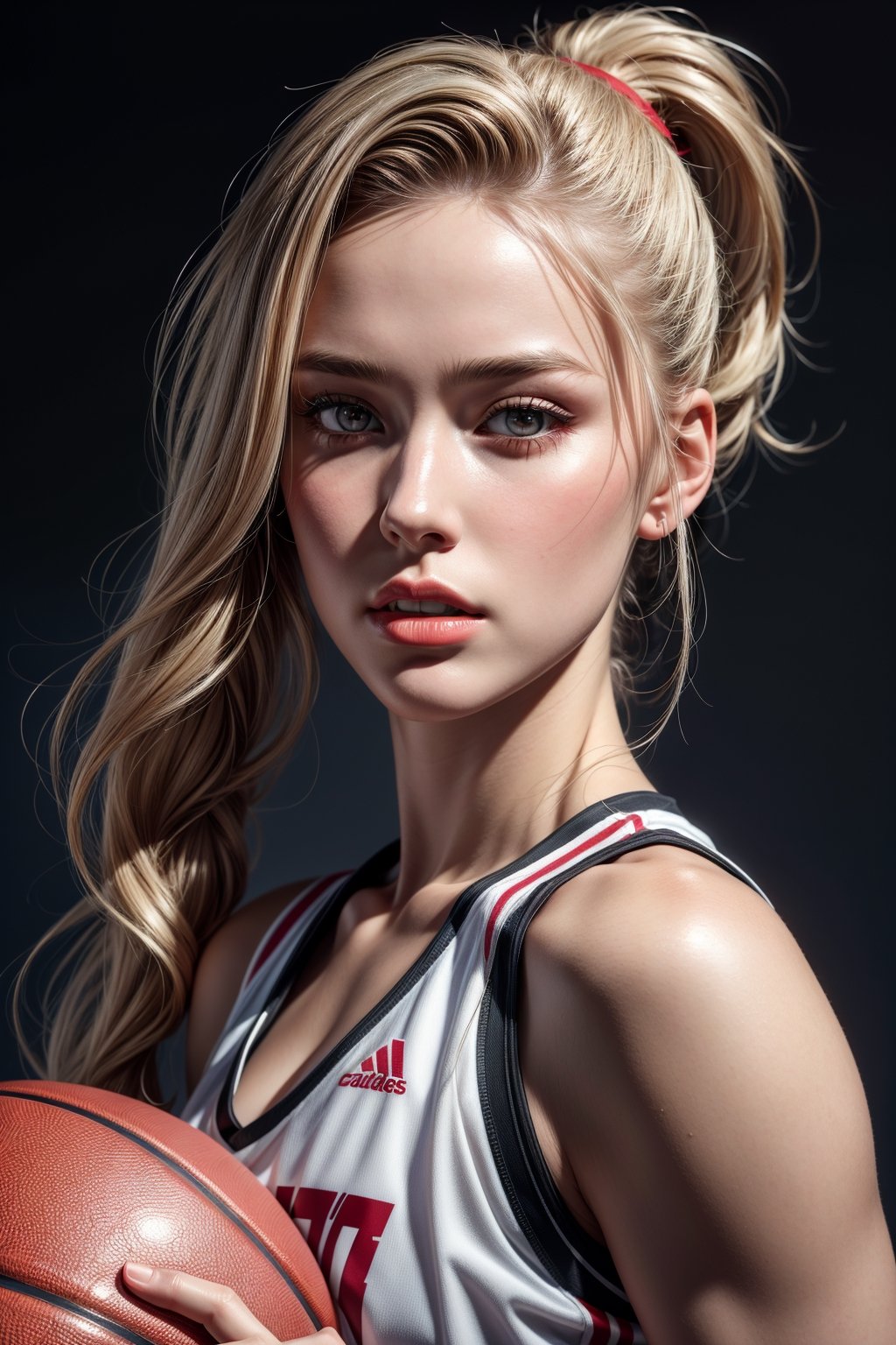 best quality,high resolution, ultra high res, extreme detailed, detailed face, RAW photo,realistic, photo-realistic
1girl,ponytail,blonde_hair/red_eyes, blush, gym, realhands,play basketball,