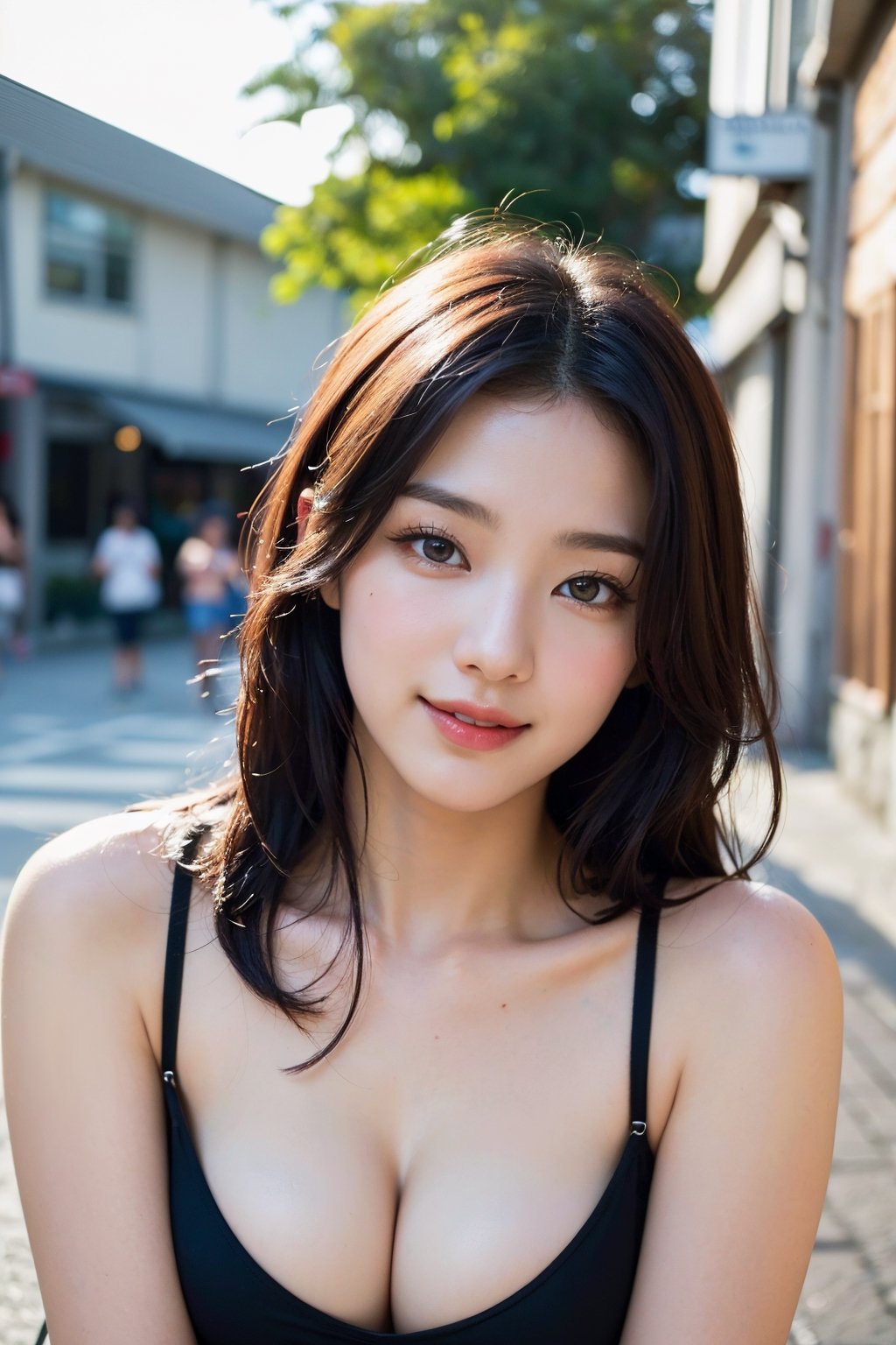 (best quality, masterpieces:1.2, ultra high resolution, 8k, realistic:1.4), 1girl, korean, cute smile, off-the-shoulders, cinematic lighting, beautiful detailed eyes, beautiful detailed lips, longeyelashes, soft skin, medium breast, long flowing hair, modern street backdrop, vibrant colors, sunshine ambiance, bikini, leggings