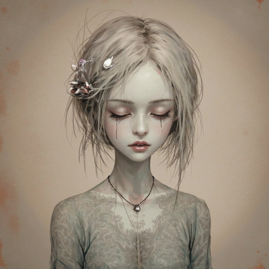 "Surreal search for the empty void within. melancholy sad Female. Surreal, alcohol ink, faded semi transparent, hyperdetailed. Inspired by Nicoletta Ceccoli and Gris Grimly"