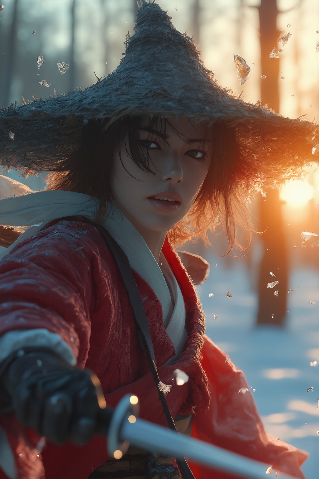 Create a dynamic close-up portrait of a samurai woman in a weathered, broad sedge hat, caught mid-action as she executes a powerful katana strike. The focus is on her intense expression, with sharp, determined eyes partially visible under the shadow of her hat. The katana slices through the icy ground in front of her, sending shards of ice flying in all directions, some of them disintegrating from the sheer force. Her red armor glows subtly in the light of the setting sun, with rays piercing through the ice forest behind her. Her billowing linen cape, frozen in motion, adds a sense of drama. The depth of field should blur the background slightly, emphasizing the photorealistic details of her face, the intricate design of her armor, and the sharpness of the katana. The scene should have a fantasy feel, blending realism with anime-inspired aesthetics, highlighting the beauty and power of the samurai woman.