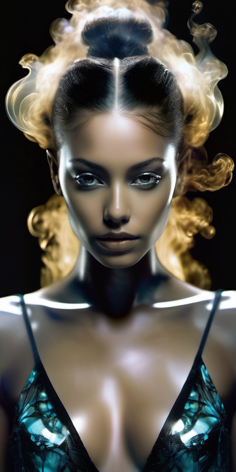 Professional photography of a glass woman, (((full body))),her face is ultrarealistic and hyperdetailed showing beautiful hazel eyes,  her hair is tied to the top of her head, her body is made of translunce clear seethrough glass with intricate smoke swirling inside of her translucent glass-body, glowing translucent glass fractal elements, work of beauty and complexity, gloomy background, soft studio lighting, golden ratio, 80mm digital photo with sharp focus on eyes,  alberto seveso style, wide_hips,  smoke trapped inside her translucent-glass-body,  dynamic pose , black background ,Vogue,science fiction