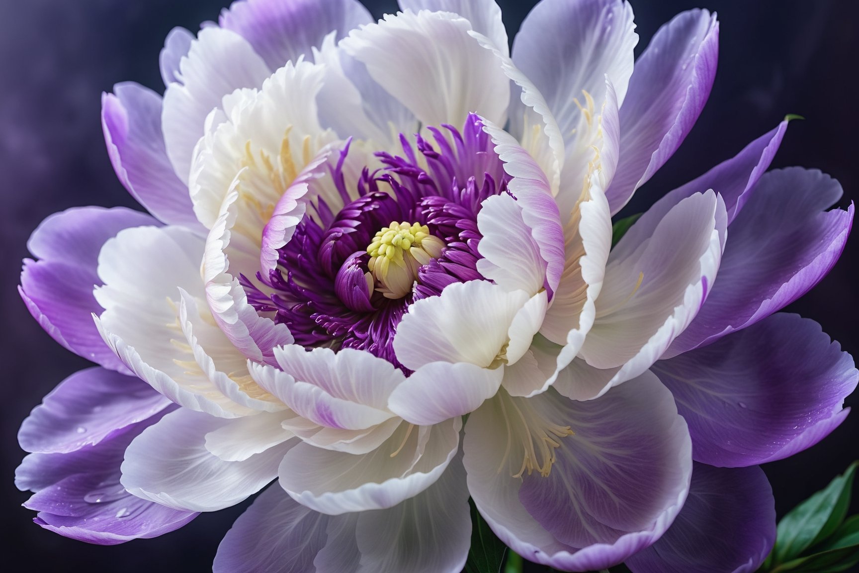 highly detailed, a purple white  peony blossom in a soft misty mood, soft lighting, photo realistic, semi transparent, extremely close up, 8k, FlowerStyle, FlowerStyle,FlowerStyle