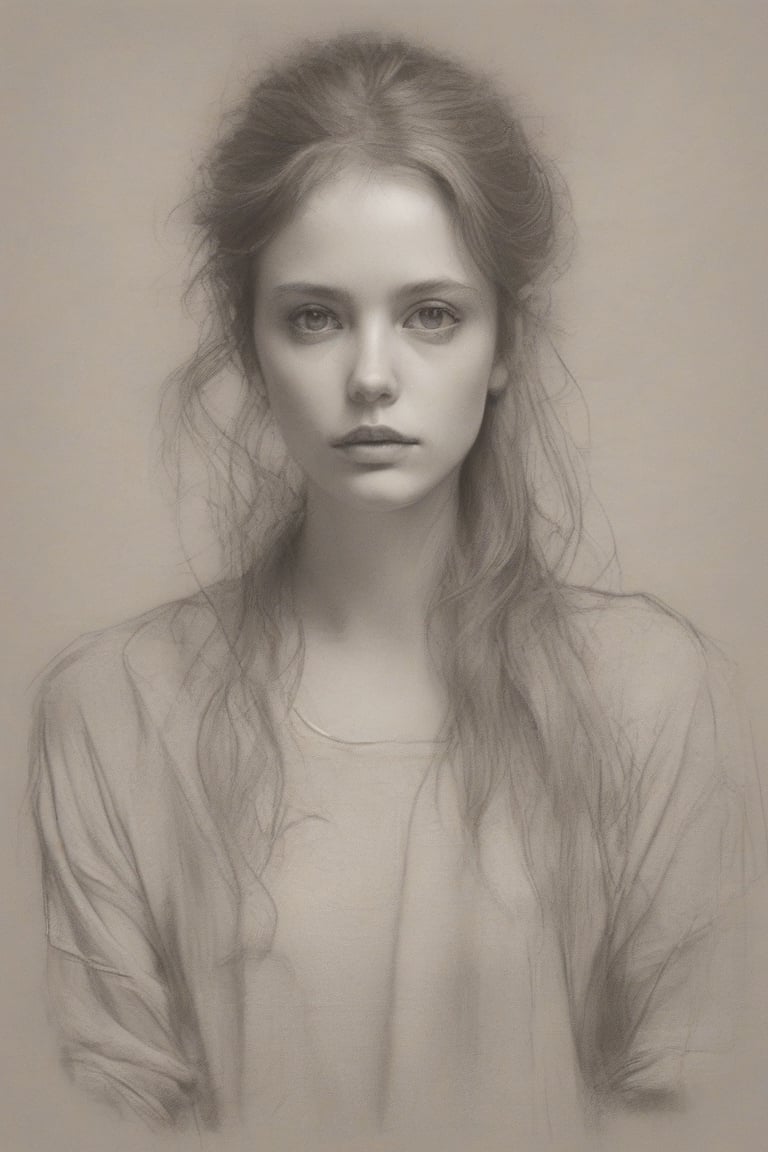 Sketch of a beautiful girl, portrait by Sam Spratt, pastel drawing, illustrative art, soft lighting, detailed, more gray scale, elegant, low contrast, add soft blur with thin line,
