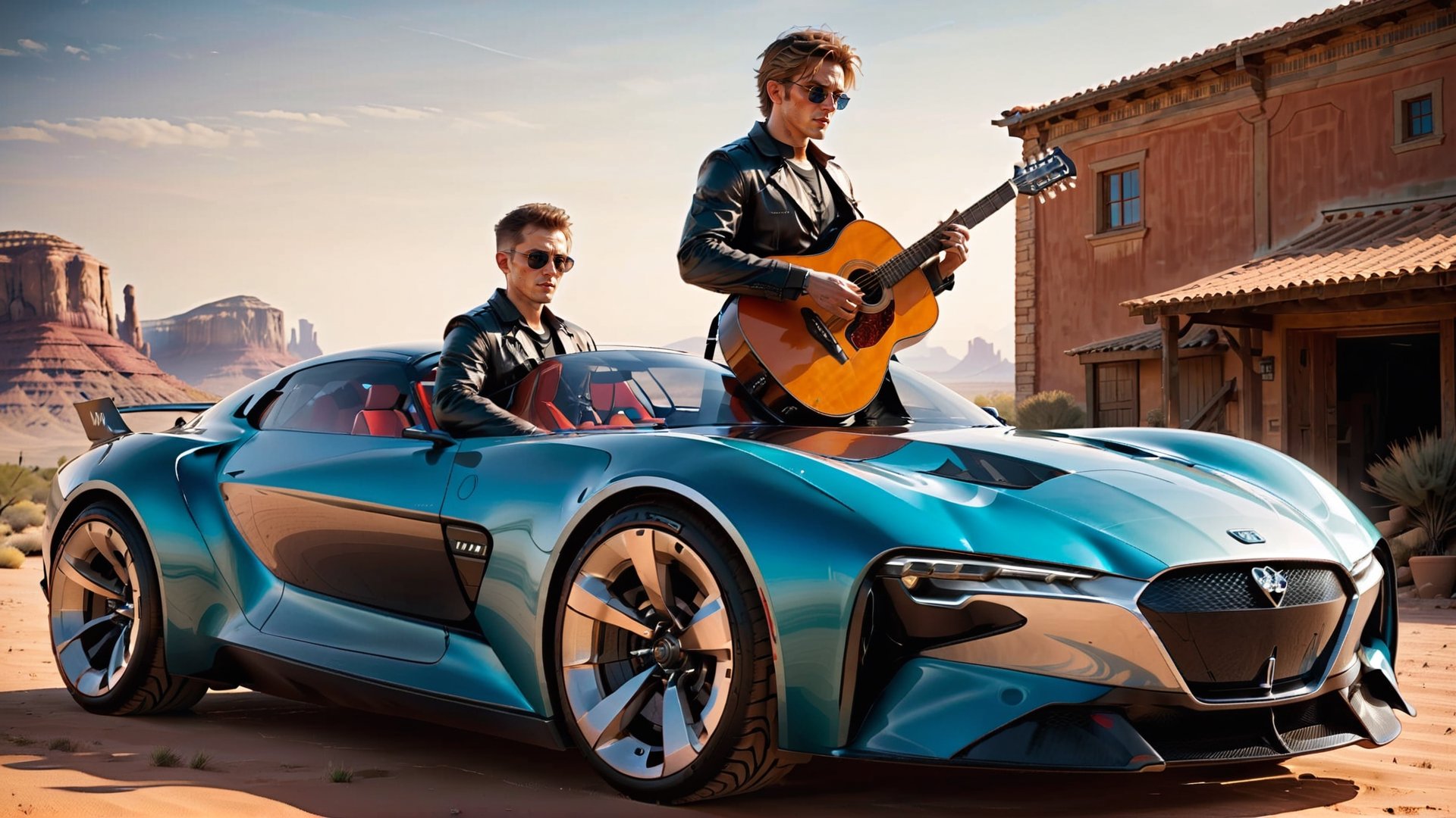 

(a men with guitar beside a Concept Car )