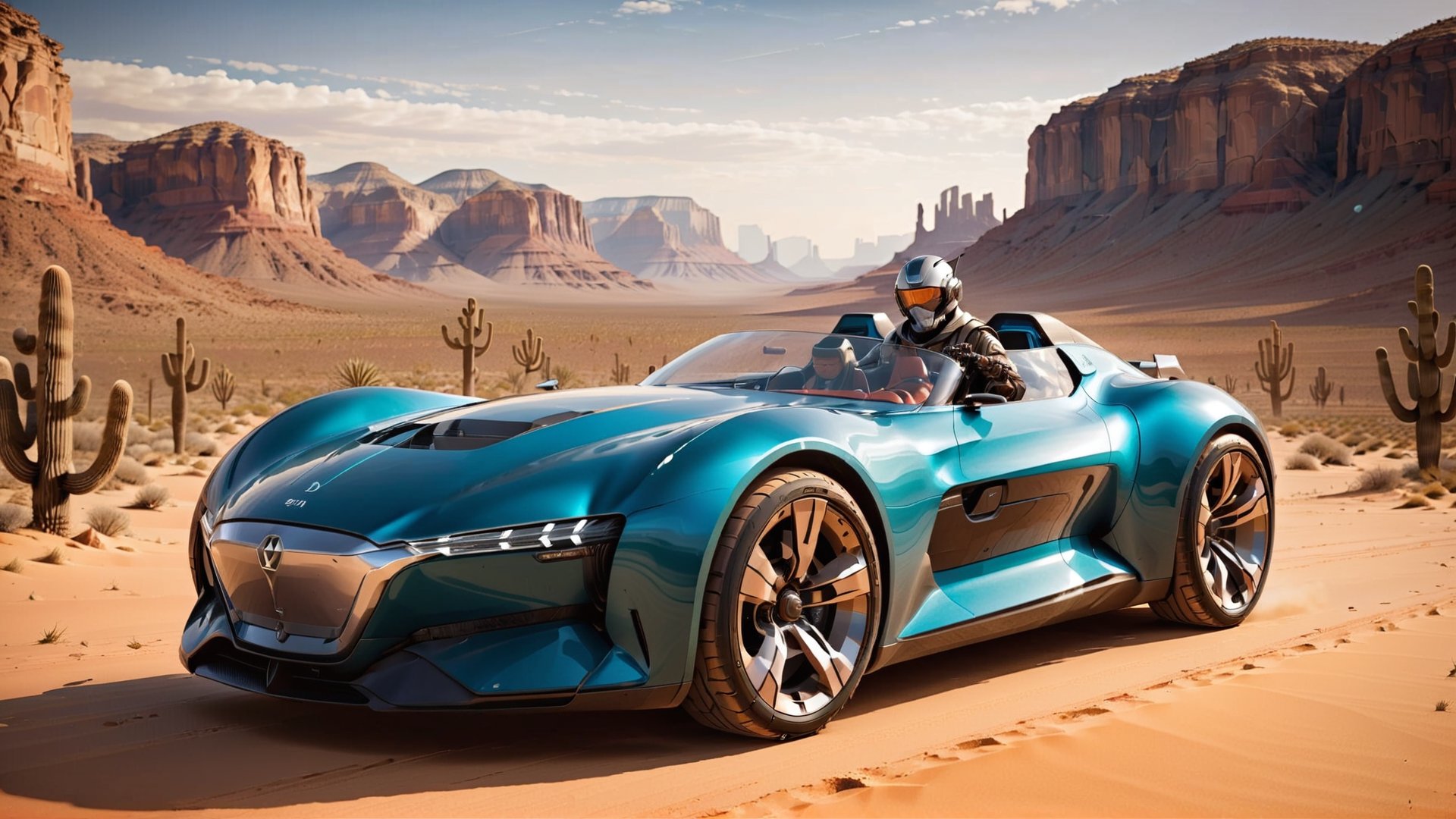 
(in a desert, a men playing guitar on a Concept Car )