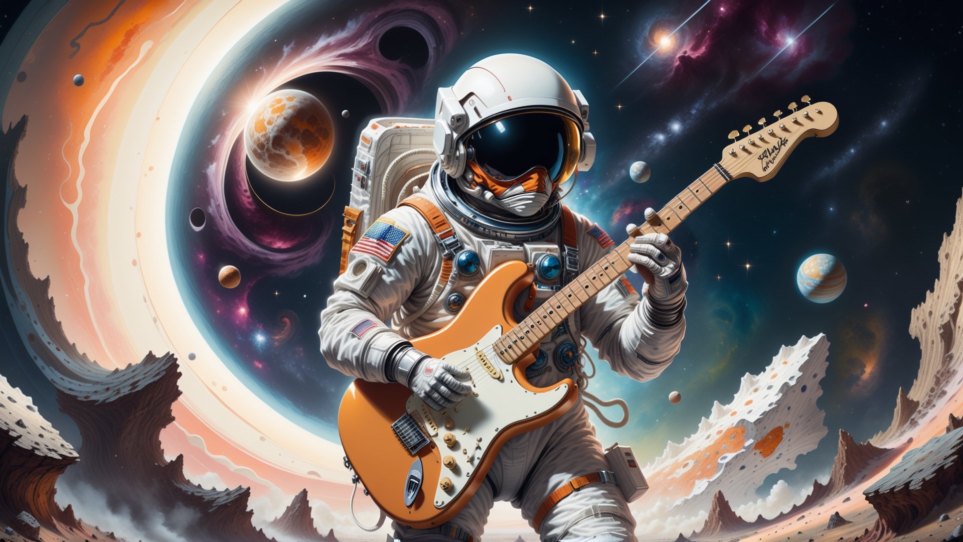 Generate an image of a astronaut standing(PLAYING STRATOCASTER GUITAR), in a surreal universe where dreams materialize as physical objects. Show the character discovering a dream object that holds profound significance to them. This object should be beautifully detailed and symbolic, representing their deepest desires or emotions. Capture the character's emotional reaction as they encounter this extraordinary manifestation, conveying a mix of wonder, nostalgia, and perhaps even a touch of melancholy, creating a visually compelling and emotionally charged scene."