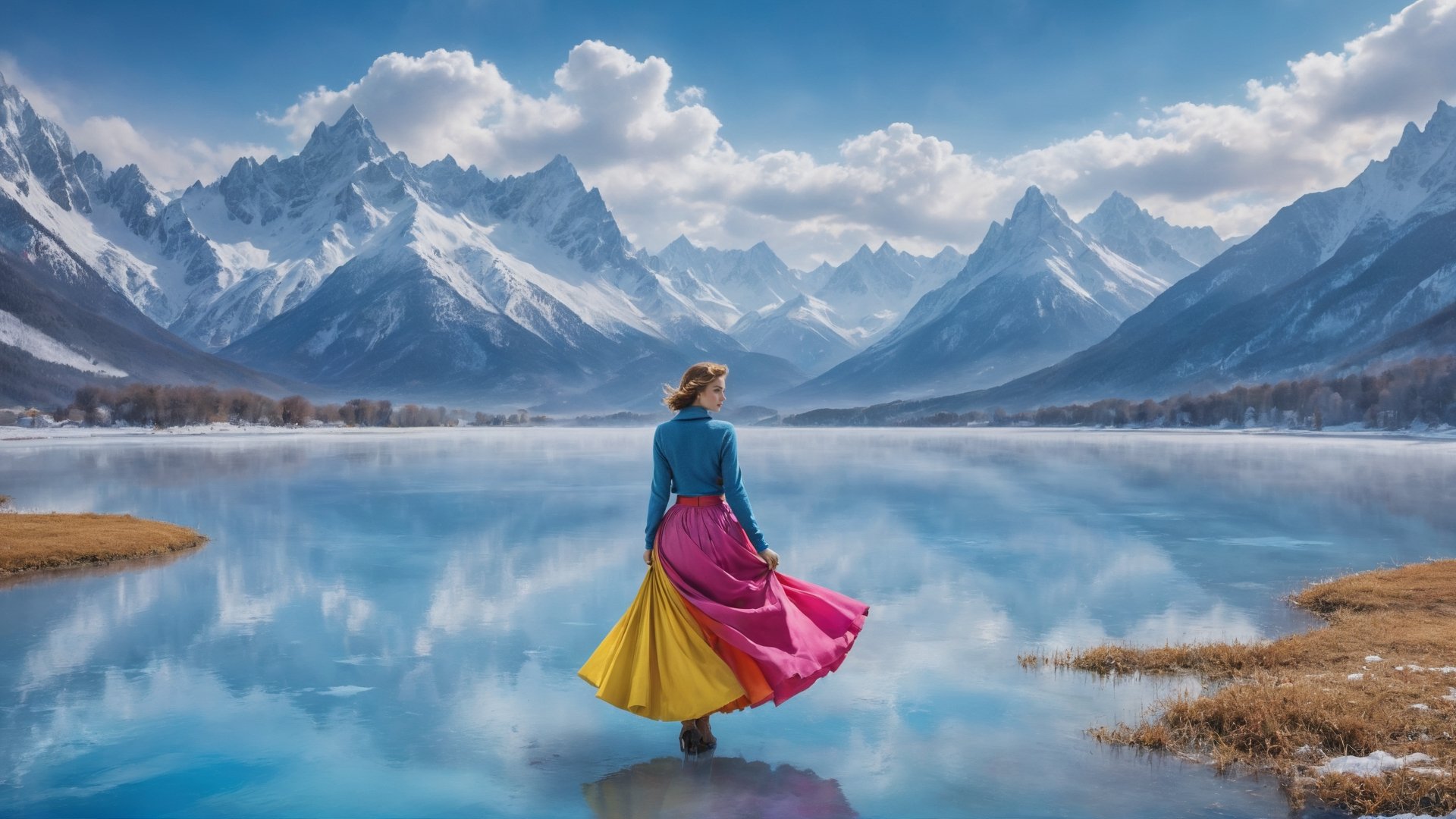 In this marvelous work of art, ,this high-quality photograph is a visual treat that radiates charm, inviting viewers to immerse themselves in its delightful atmosphere. Surrealist art Leonardo Style, ColorArt,
 A woman stand on a frozen lake, dressed in colorful skirt,  The lake is surrounded by snowy mountains, and the sky is a cloudy, blue winter day