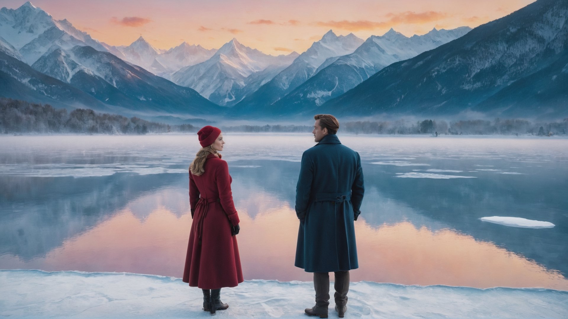 In this marvelous work of art, ,this high-quality photograph is a visual treat that radiates charm, inviting viewers to immerse themselves in its delightful atmosphere. Surrealist art Leonardo Style, ColorArt,
 A man and woman stand on a frozen lake, dressed in winter clothing. The man is looking away from the woman, and the woman is looking at him with a sad expression. The lake is surrounded by snowy mountains, and the sky is a clear, blue winter day. 