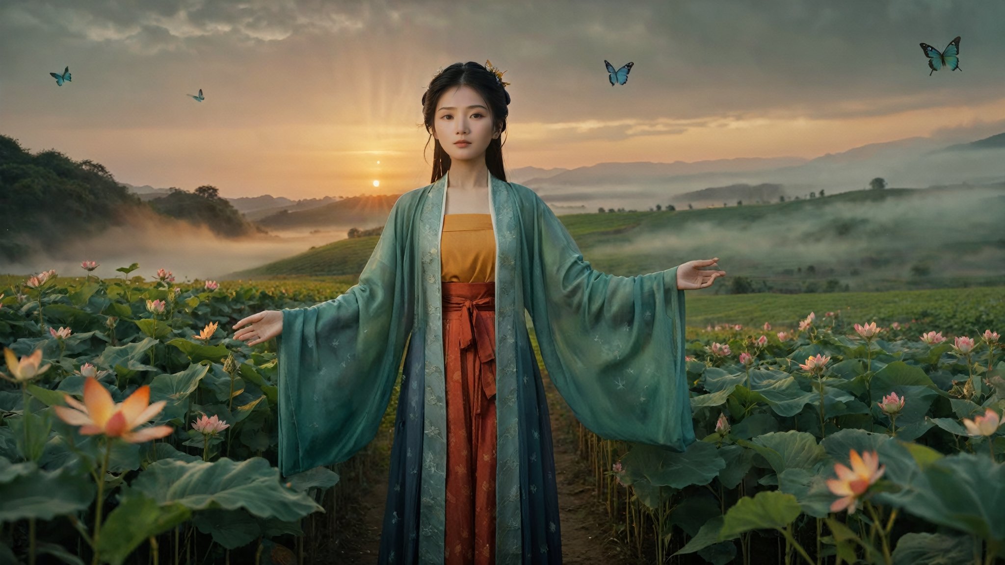 (A figure of a young asian woman standing against the backdrop of a rising sun, arms outstretched and eyes closed, as butterflies flutter around her. The sunburst radiates light and color, symbolizing hope, energy, and new beginnings. The butterflies represent transformation and freedom. The asian woman is surrounded by lush green fields, representing nature and growth),(highly detailed long photography), cinematic colors, texture, film grain, (upper body shot:1,1), (cloudy:0.7), lots of fog, scary atmosphere, dark vibes, gloomy, hyper detailed, epic composition, official art, unity 8k wallpaper, ultra detailed, masterpiece, best ,HellAI,Landskaper, ((background fire light)), bokeh,szhf dress