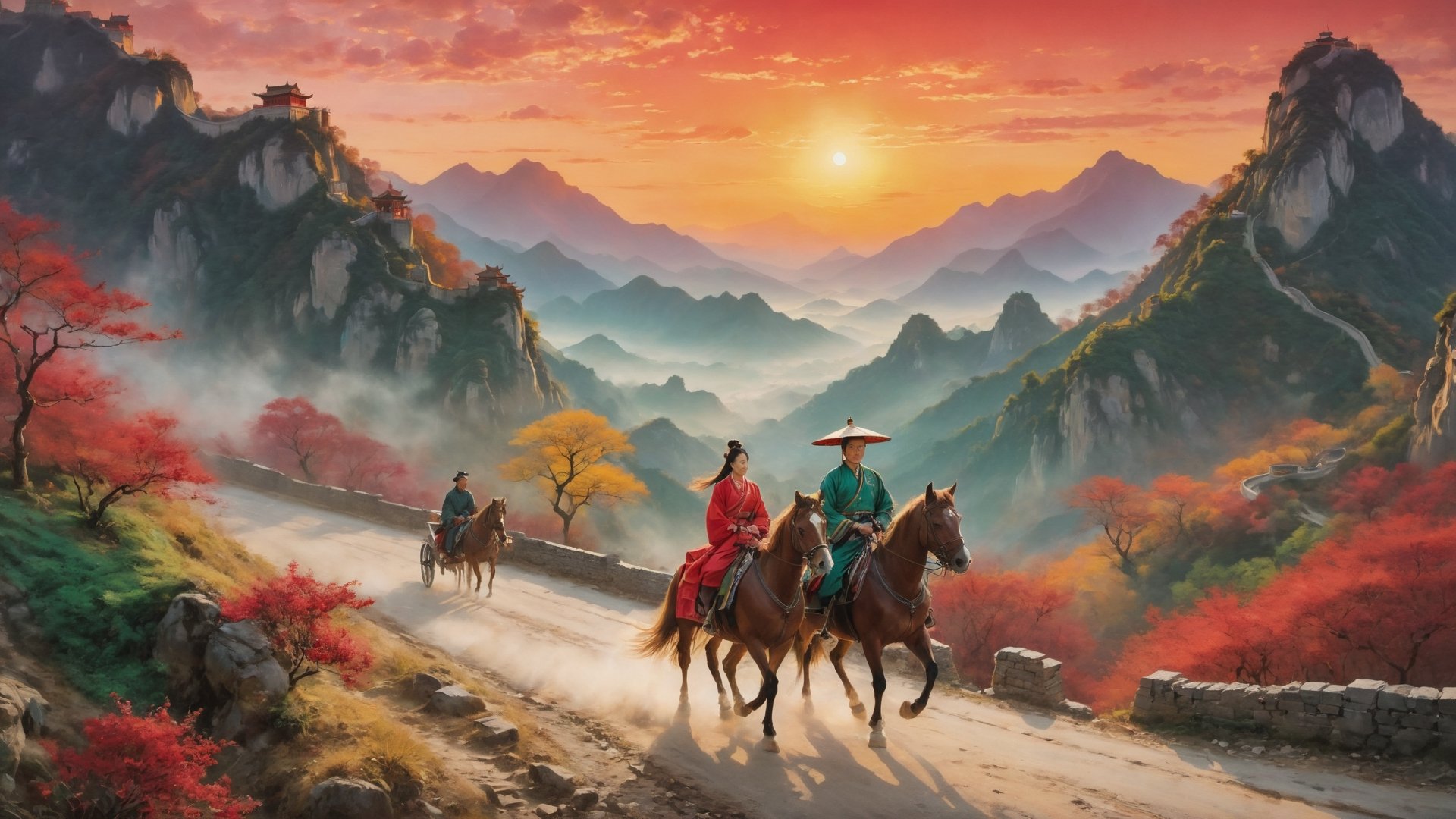 In this marvelous work of art, ,this high-quality photograph is a visual treat that radiates charm, inviting viewers to immerse themselves in its delightful atmosphere. Surrealist art Leonardo Style, ColorArt,
( A man and a woman wearing traditional Chinese clothes riding horses down a mountain road. In the background, there is a large Chinese castle. The scene is lit by a setting sun, casting a warm glow over the entire image. The color is vibrant and rich, with reds, golds, and greens dotting the landscape. )