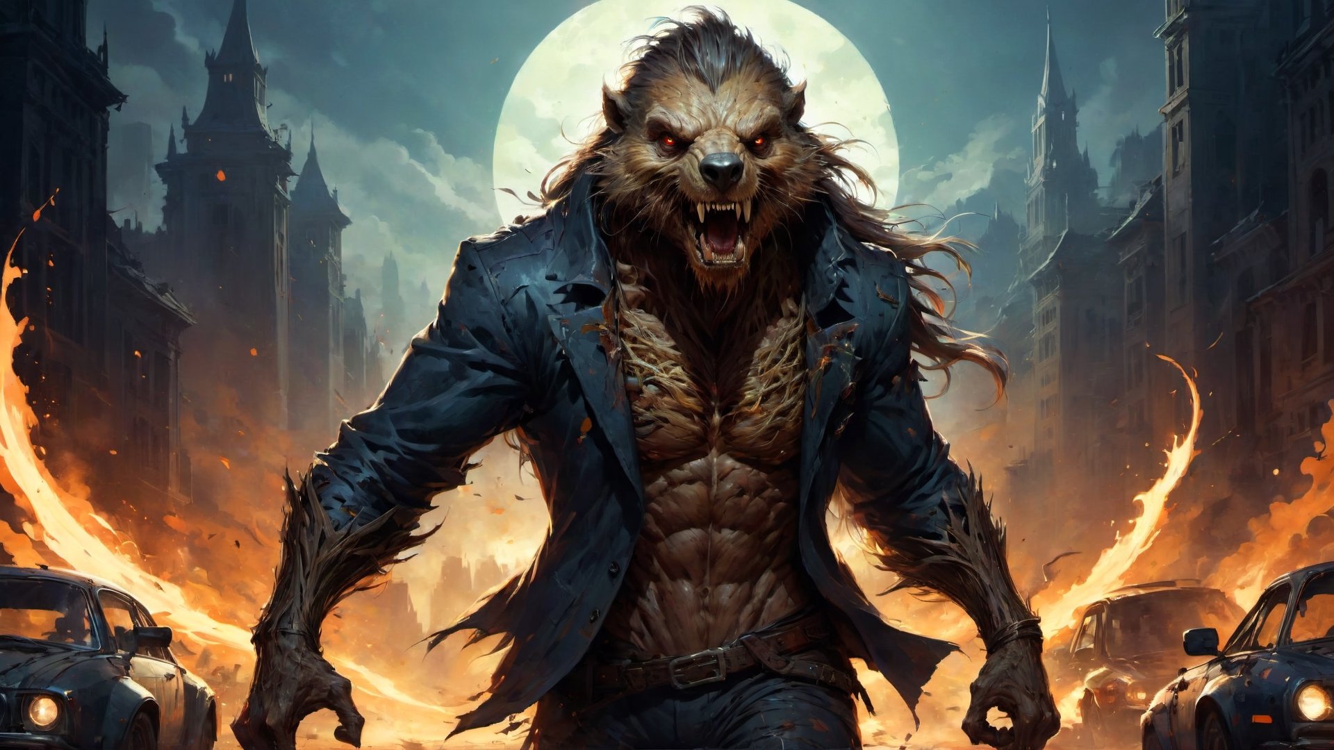 beaver rotten zombie, screaming with rage, (running down a Wide highway littered with abandoned cars), sprinting, torn flesh, tattered clothes, fantasy magic, undercut hairstyle, dark light night, intricate, elegant, sharp focus, illustration, highly detailed, digital painting, concept art, matte, art by wlop and artgerm and greg rutkowski and alphonse mucha, masterpiece, monster