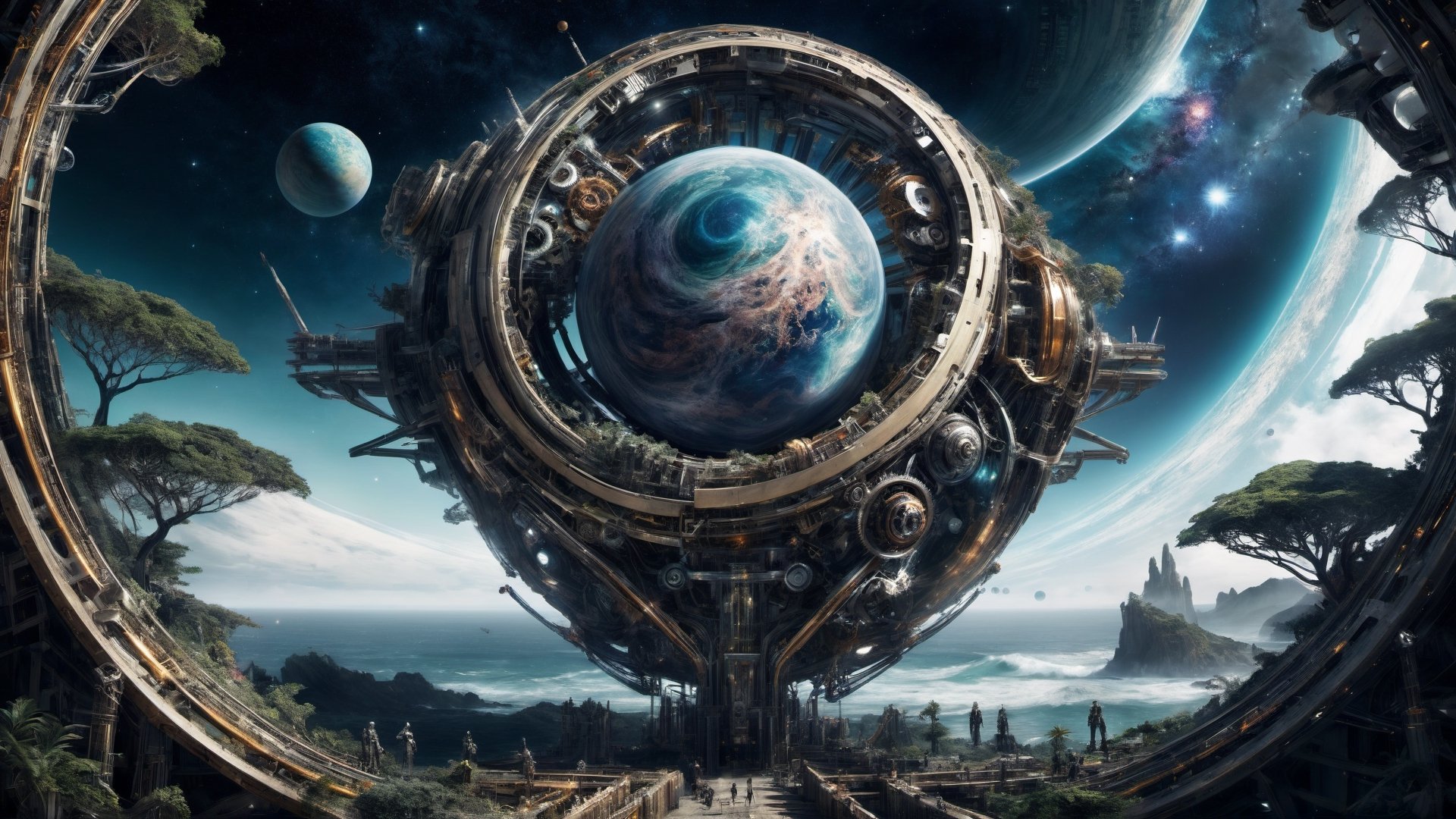 mechanical planet, half forest and ocean, half mechanical, cyborg, large space entity, planet half destroyed, built from giant mechanical parts, gears, wiring, cybernetic planet, swirling galaxies, stunning cosmos, 