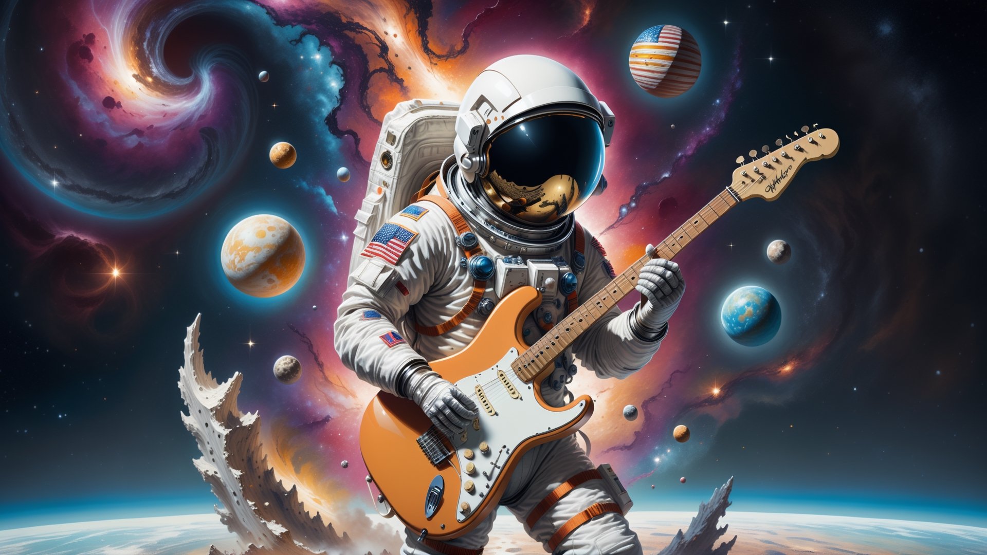 Generate an image of a astronaut standing(PLAYING STRATOCASTER GUITAR), in a surreal universe where dreams materialize as physical objects. Show the character discovering a dream object that holds profound significance to them. This object should be beautifully detailed and symbolic, representing their deepest desires or emotions. Capture the character's emotional reaction as they encounter this extraordinary manifestation, conveying a mix of wonder, nostalgia, and perhaps even a touch of melancholy, creating a visually compelling and emotionally charged scene."