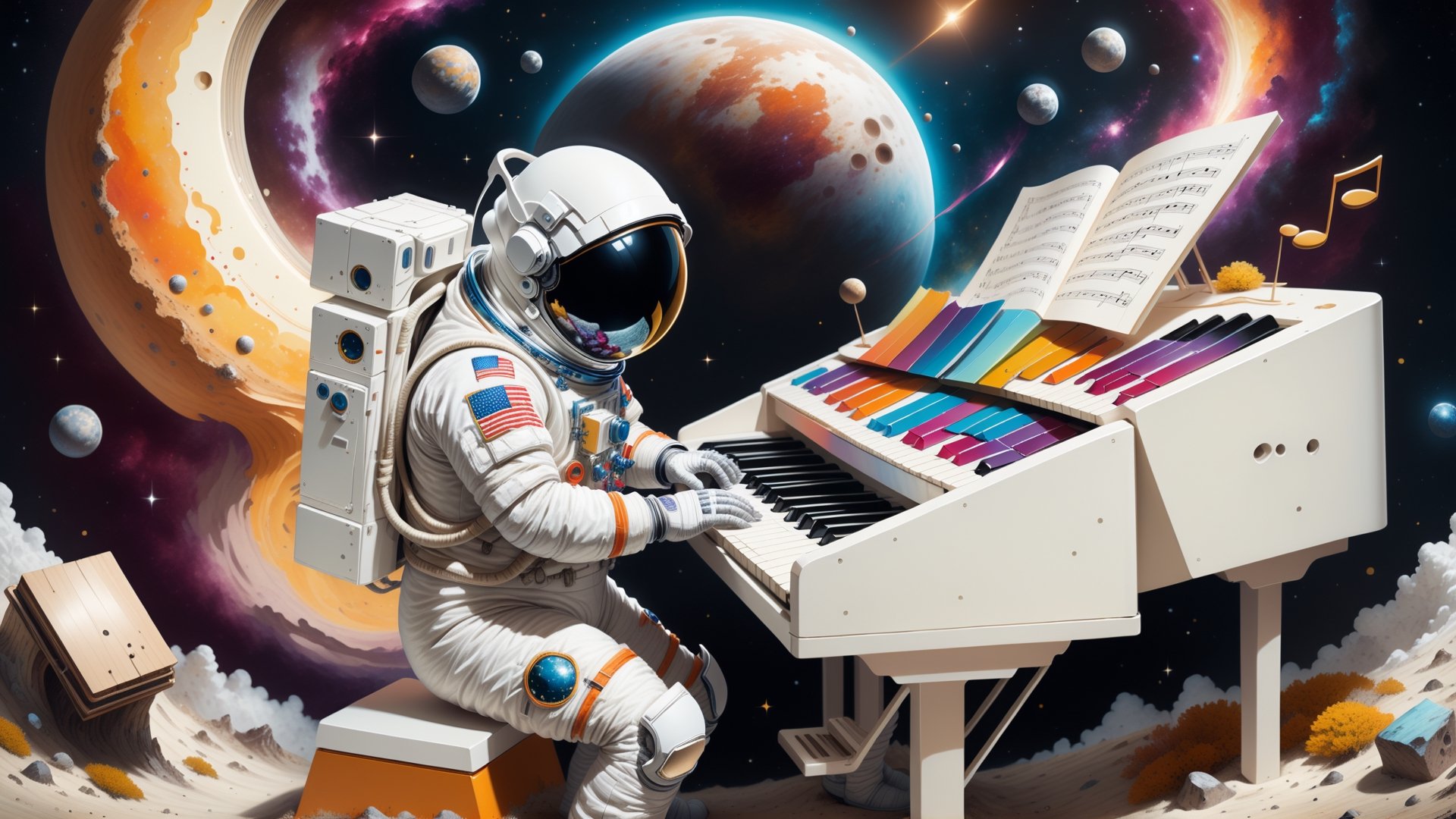 Generate an image of a astronaut standing(PLAYING music keyboard), in a surreal universe where dreams materialize as physical objects. Show the character discovering a dream object that holds profound significance to them. This object should be beautifully detailed and symbolic, representing their deepest desires or emotions. Capture the character's emotional reaction as they encounter this extraordinary manifestation, conveying a mix of wonder, nostalgia, and perhaps even a touch of melancholy, creating a visually compelling and emotionally charged scene."