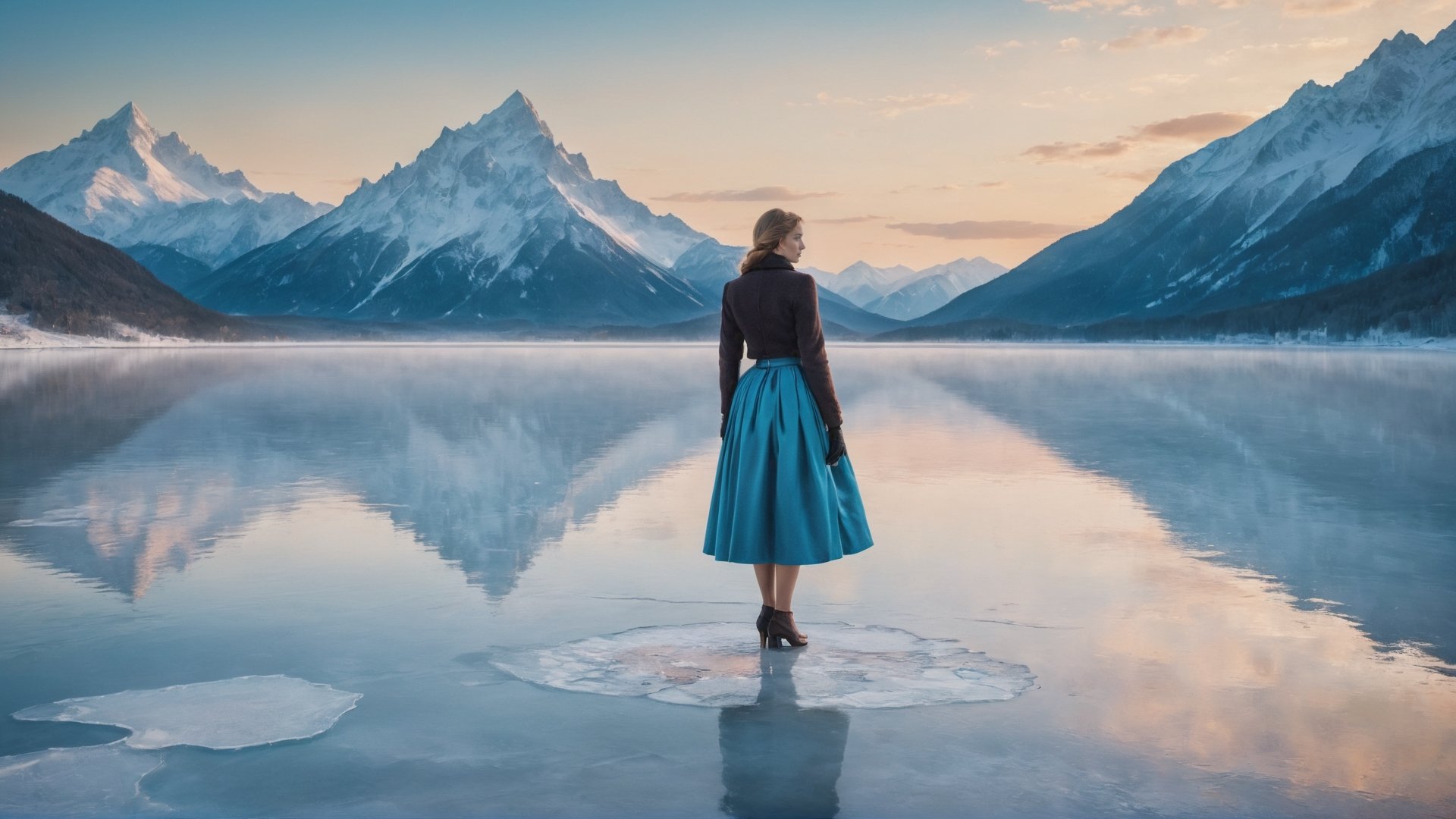 In this marvelous work of art, ,this high-quality photograph is a visual treat that radiates charm, inviting viewers to immerse themselves in its delightful atmosphere. Surrealist art Leonardo Style, ColorArt,
 A woman with skirt stand on a frozen lake, dressed in winter clothing. The man is looking away from the woman, and the woman is looking at him with a sad expression. The lake is surrounded by snowy mountains, and the sky is a clear, blue winter day. 