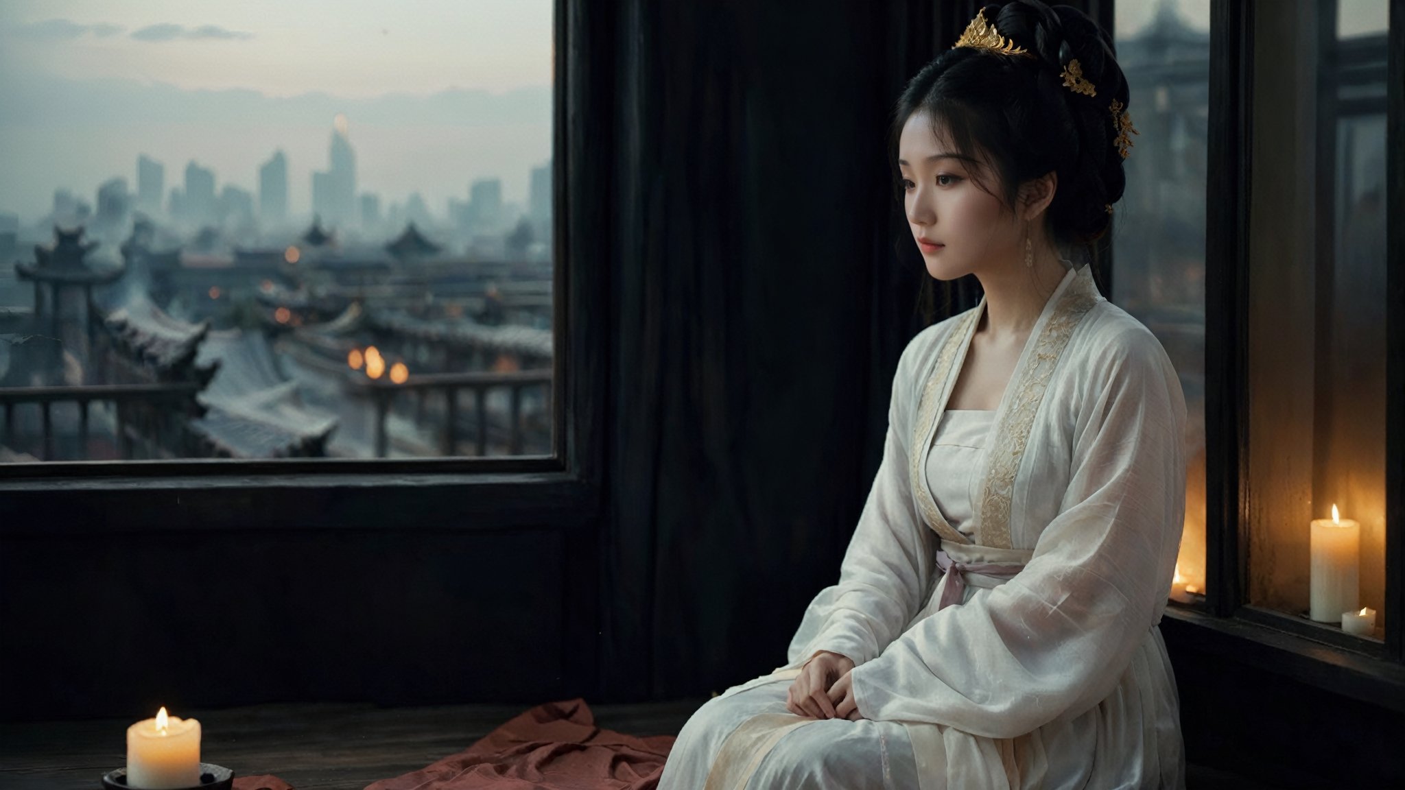 (
A asian girl sitting on an empty bed, looking out of the window. She is wearing a loose white dress and her hair is down. The room is dark and empty, except for a few candles providing light. The asian girl looks sad and lonely. Outside the window, she can see a city landscape
),(highly detailed long photography), cinematic colors, texture, film grain, (upper body shot:1,1), (cloudy:0.7), hyper detailed, epic composition, official art, unity 8k wallpaper, ultra detailed, masterpiece, best ,HellAI,Landskaper, ((background fire light)), bokeh,szhf dress,hanfu