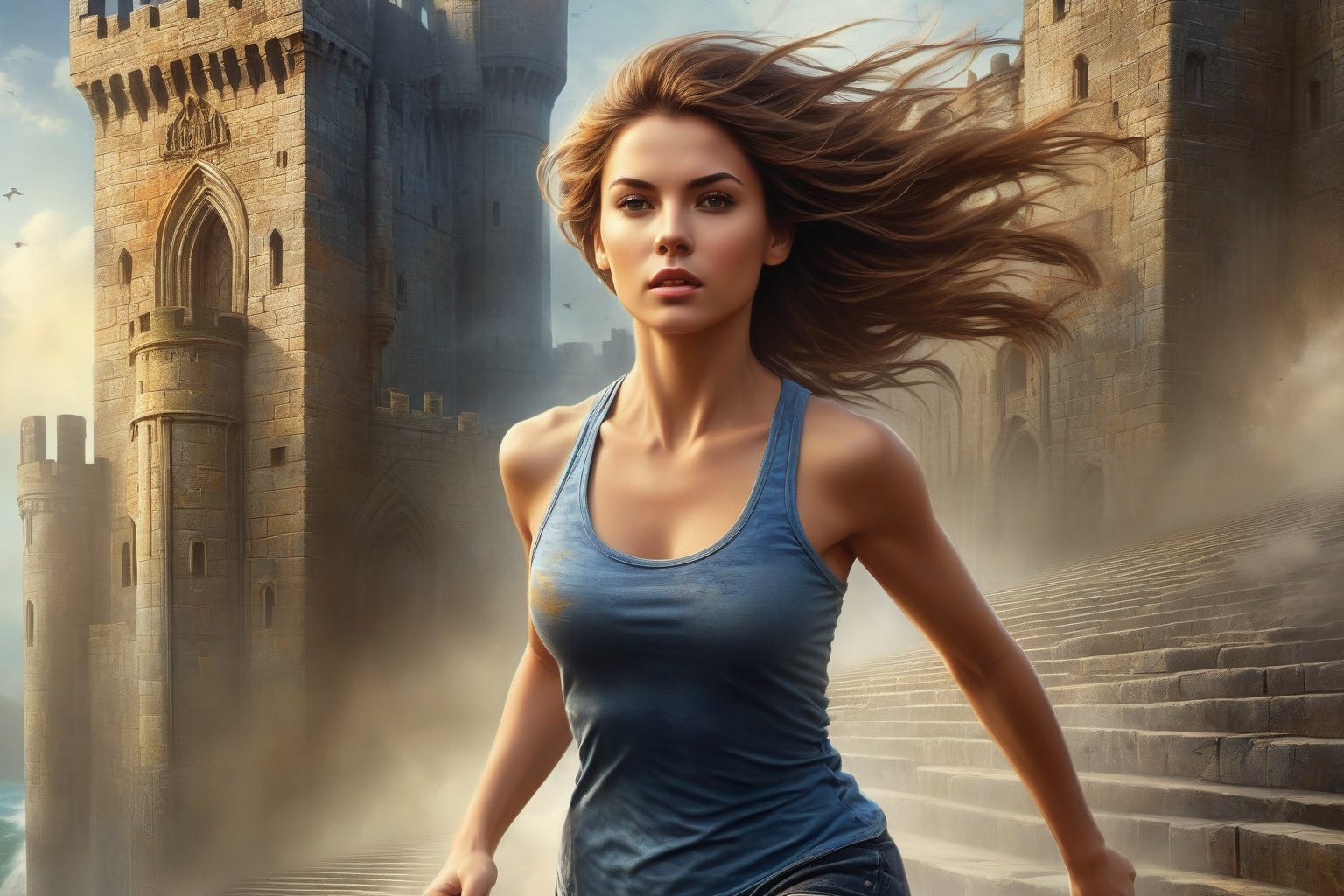 e. s. esher art style, infinite stair castle, masterpiece, a beautiful woman running, determined face, teared tanktop and short jeans,DonM0ccul7Ru57XL