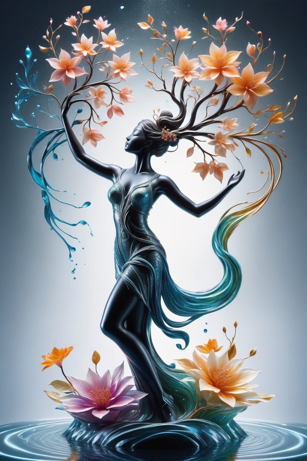 a godess with flower and tree, made from liquid matter and glass, surrealism aura, charismatic dancing pose, flowing water lines elements