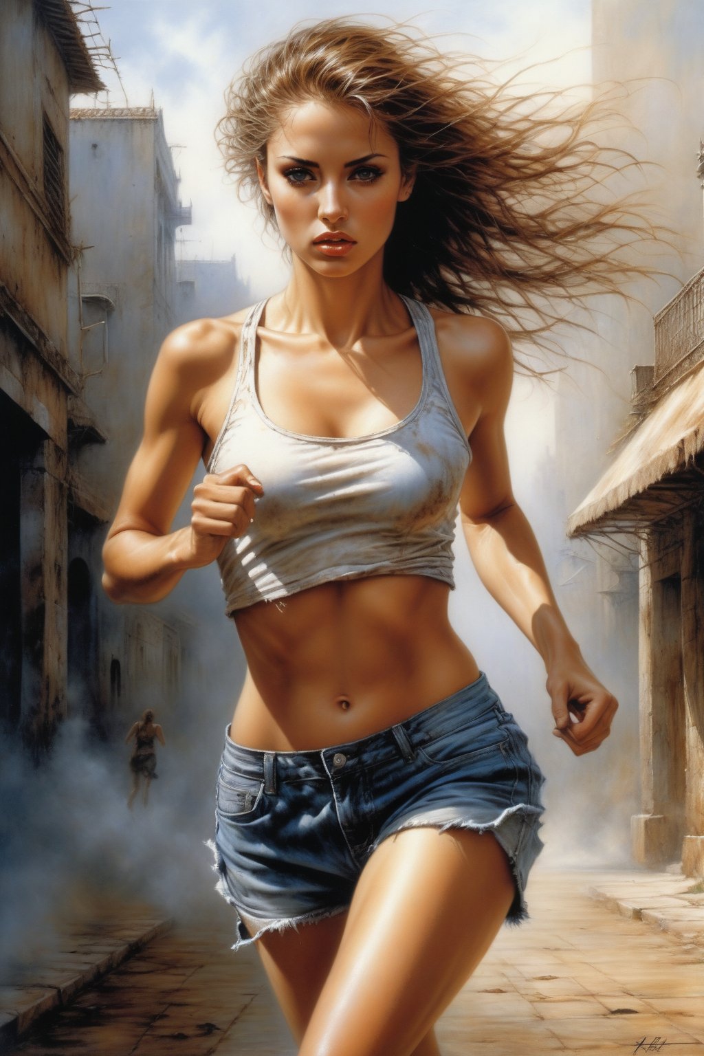 hyperrealism, luis royo style, masterpiece, a beautiful woman running, determined face, teared tanktop and short jeans,